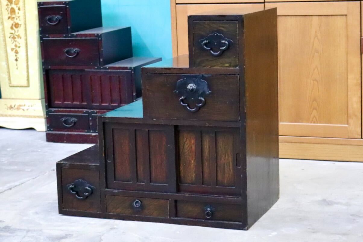 GMIS316○階段箪笥 両面 時代箪笥 和家具 和モダン 和室 座敷 古民家 チェスト 整理箪笥 引き出し収納 レトロ