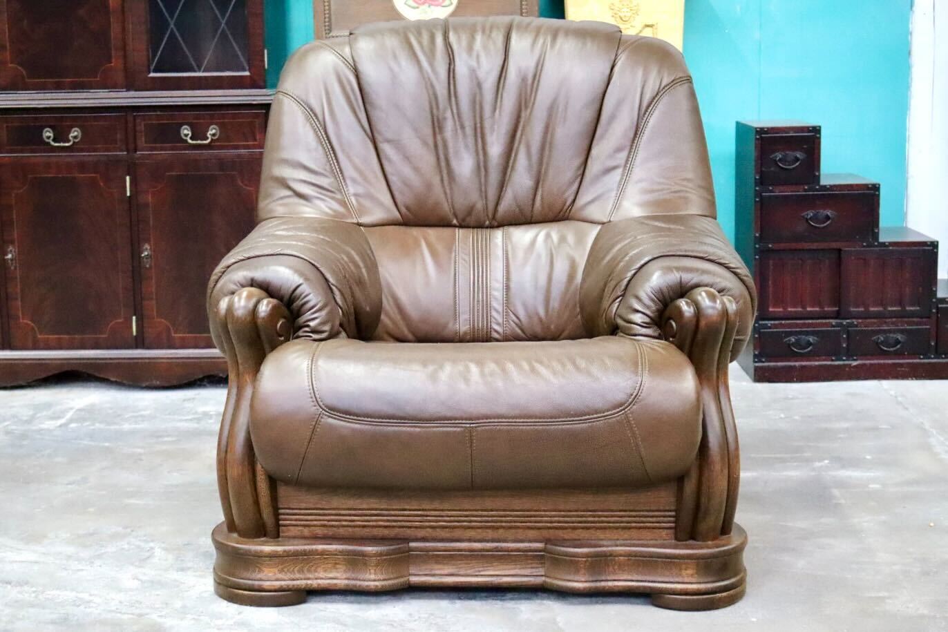 GMIK622A○オランダ製 ダッチカントリー 1人掛けソファ シングルソファ オーク材 本革 応接 リビング ブラウン ヴィンテージ 約35万