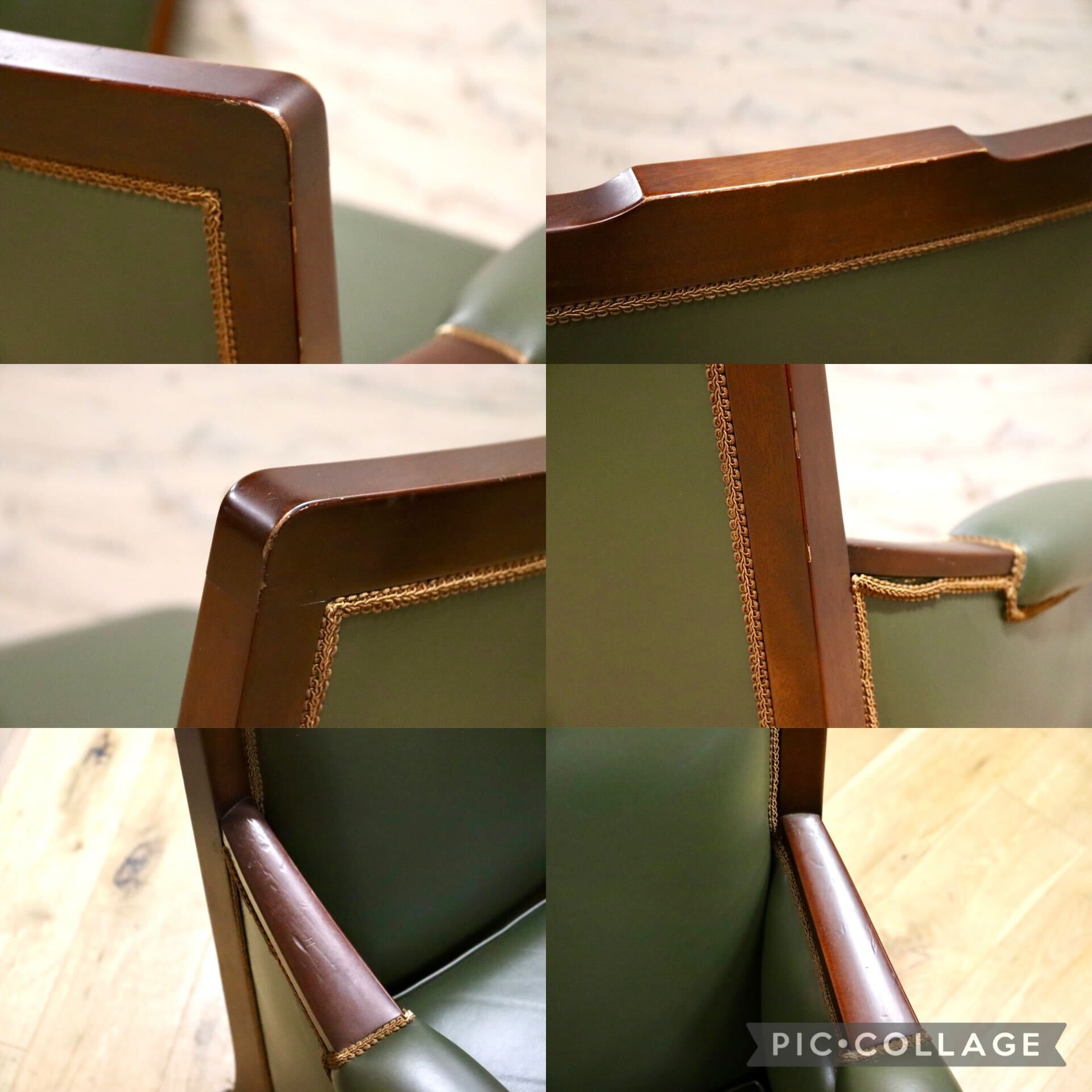 GMHN114B○メープル不二屋 1人掛けソファ シングルソファ ラウンジチェア 応接 本革 グリーン クラシック ヨーロピアン 神戸洋家具 美品