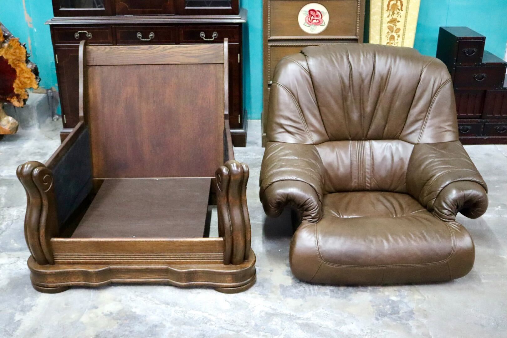 GMIK622A○オランダ製 ダッチカントリー 1人掛けソファ シングルソファ オーク材 本革 応接 リビング ブラウン ヴィンテージ 約35万