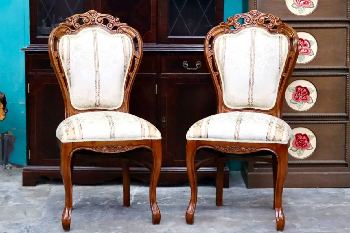 GMIK600A○イタリア製 ダイニングチェア アームレスチェア 食卓椅子 2脚セット 木製 ファブリック 猫脚 アンティーク調 クラシック