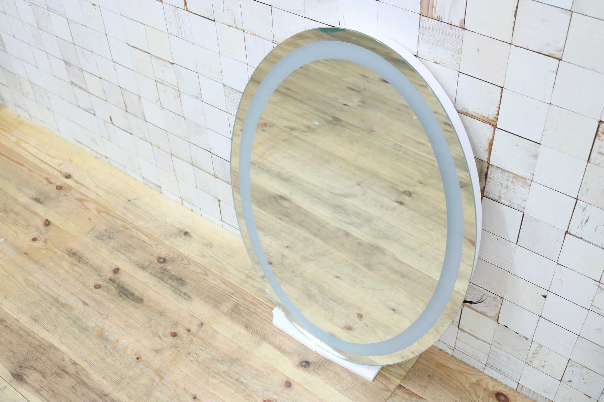 GMIK747A◯ウォールミラー 壁掛け鏡 壁掛けミラー 立て掛けミラー オーバルミラー 楕円形 照明付き フレームレス 店舗什器 モダン 未使用