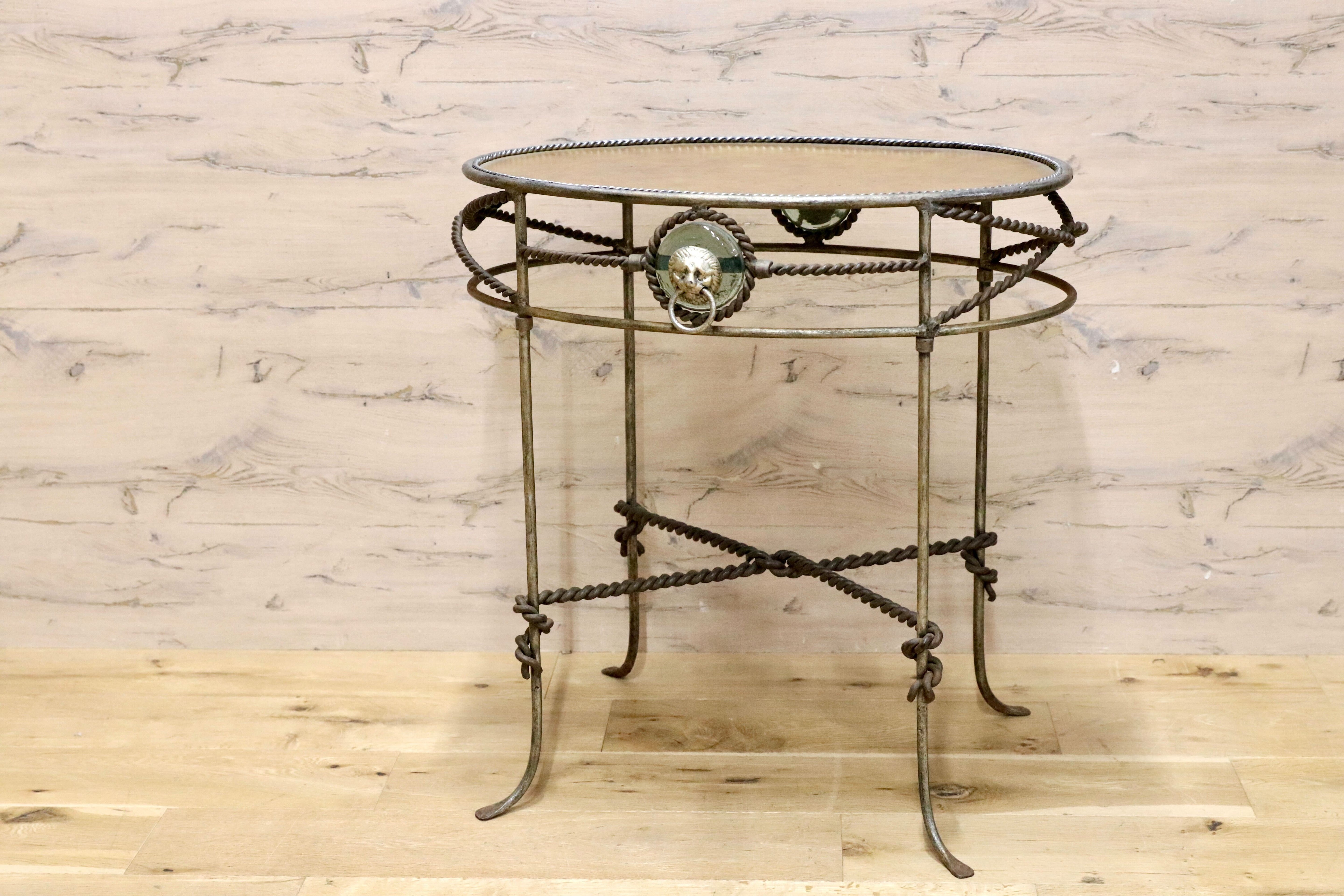 GMIS556○アイアン サイドテーブル コーヒーテーブル 花台 飾り台 ライオン装飾 ガラストップ クラシック ヨーロピアン アンティーク