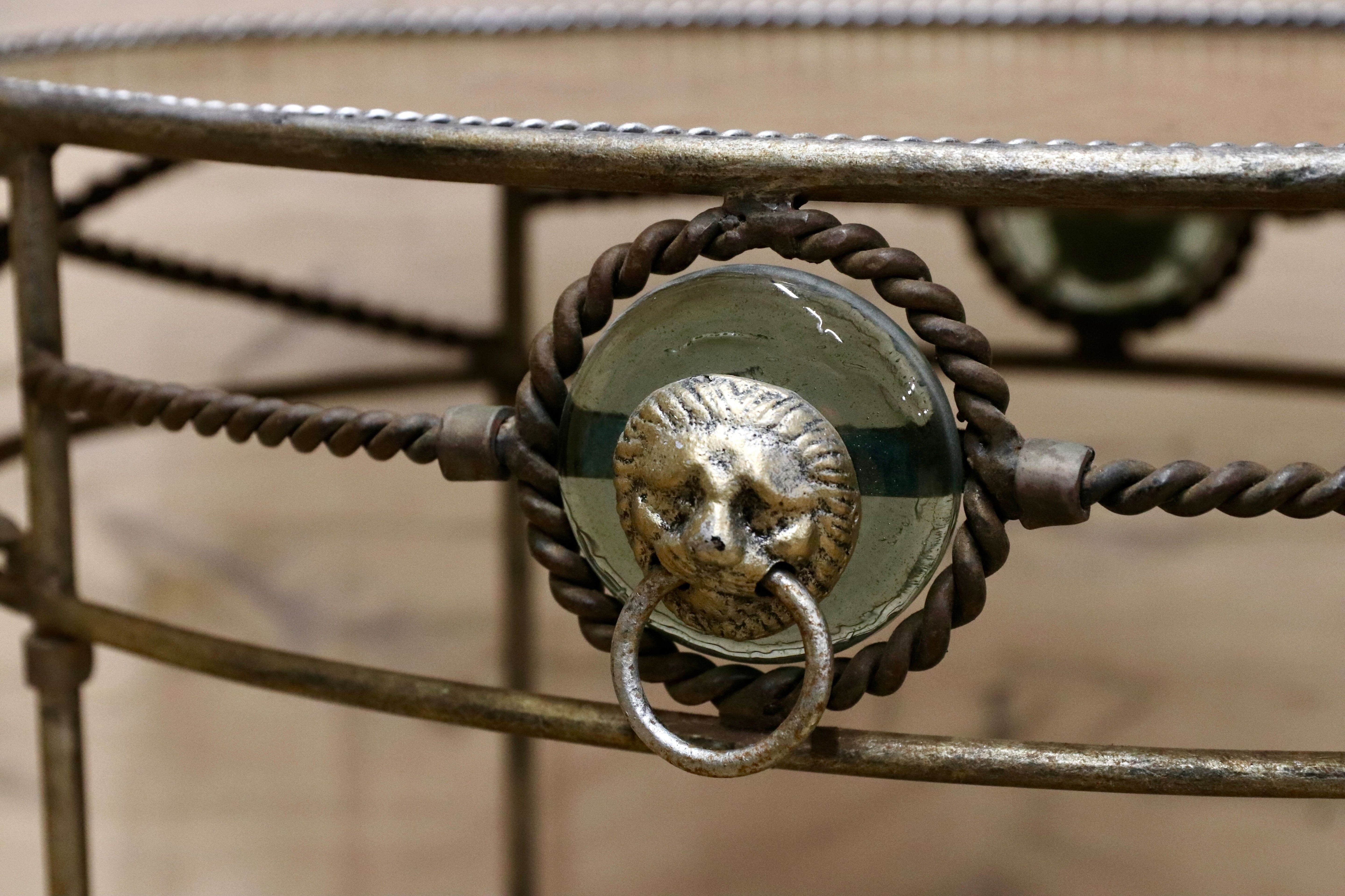 GMIS556○アイアン サイドテーブル コーヒーテーブル 花台 飾り台 ライオン装飾 ガラストップ クラシック ヨーロピアン アンティーク