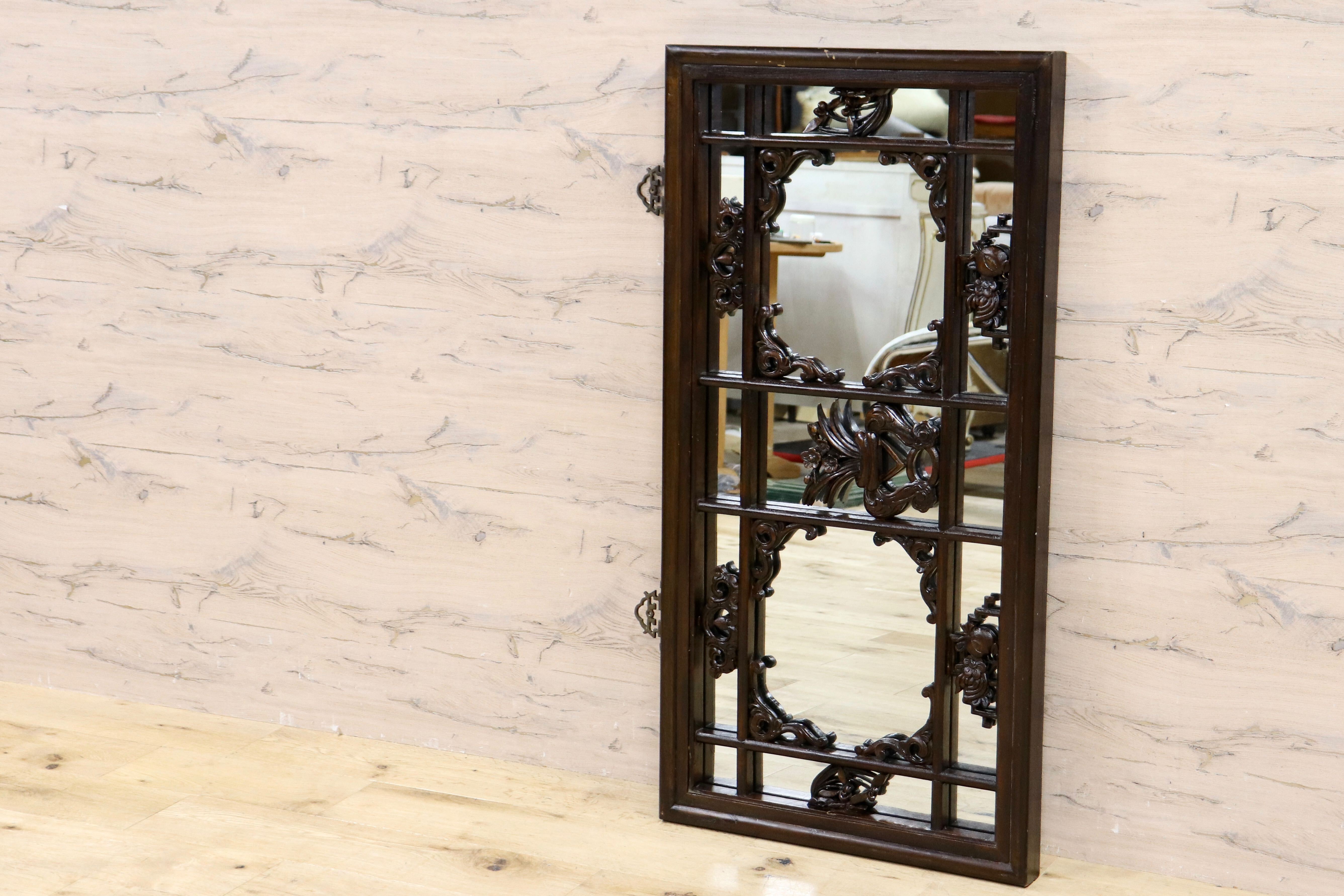 GMHK836G○中国アンティーク ウォールミラー 木製 古材 鏡 壁掛けミラー ヴィンテージ 古道具 古美術 インテリア