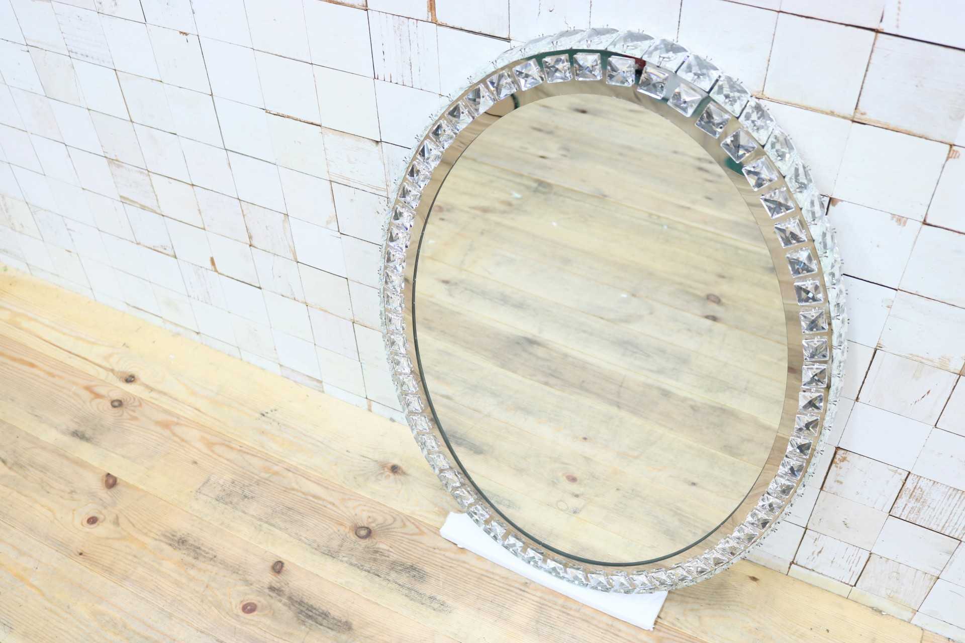 GMIK747D◯ウォールミラー 壁掛け鏡 壁掛けミラー 立て掛けミラー 鏡 照明付き 楕円形 クリスタル 店舗什器 インテリア 未使用