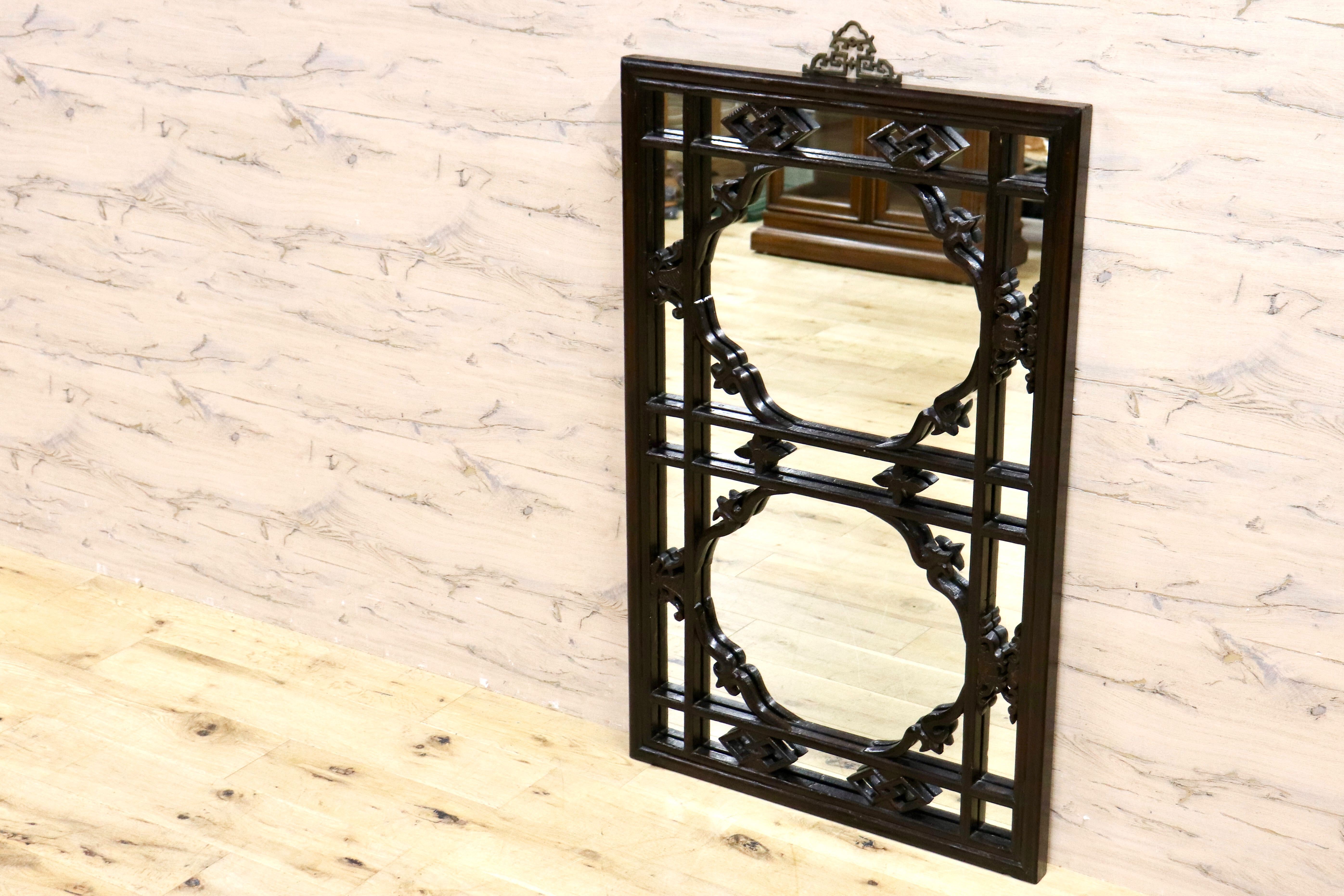 GMHK836H○中国アンティーク ウォールミラー 木製 古材 鏡 壁掛けミラー 建具 ヴィンテージ 古道具 古美術 インテリア 店舗什器