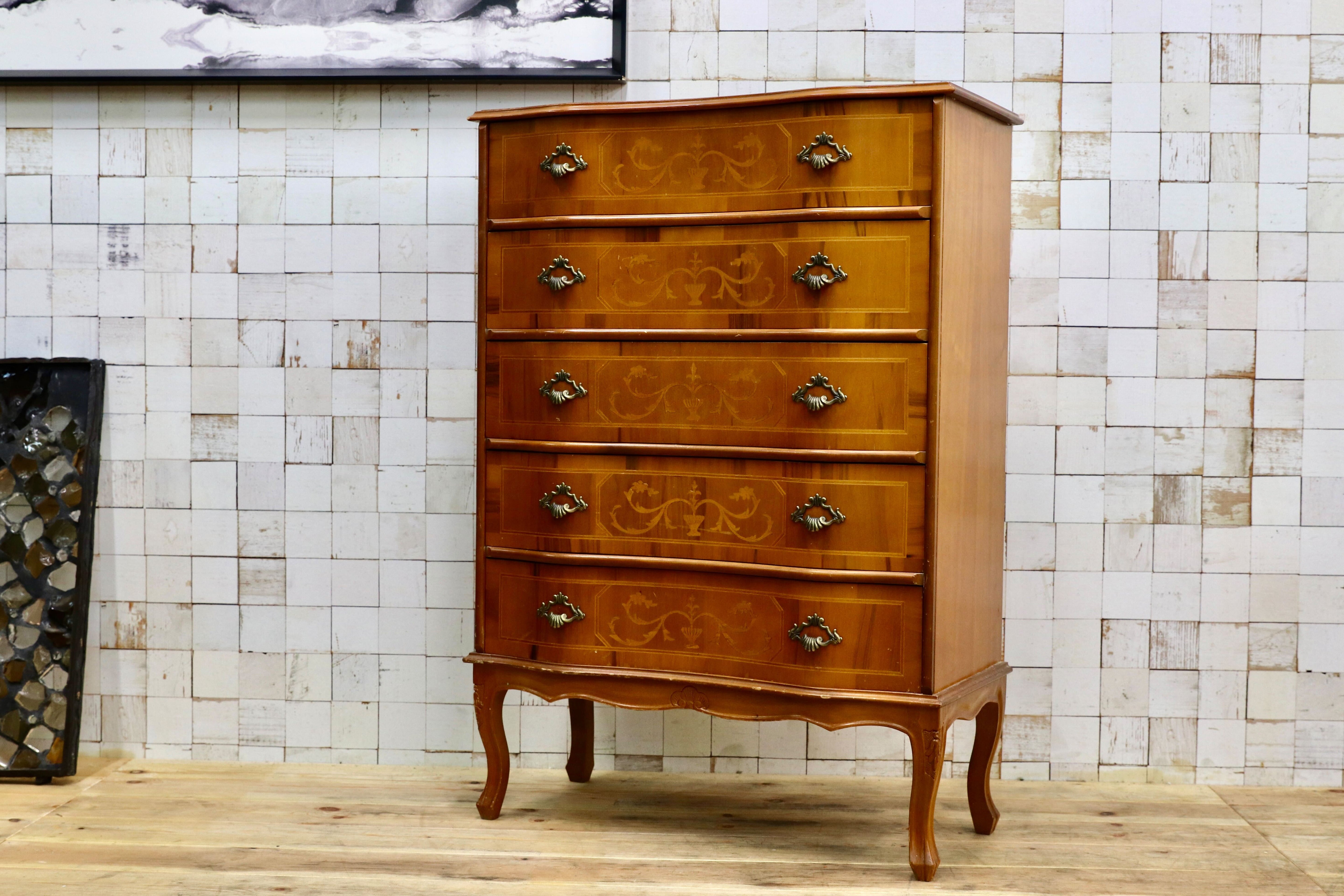 GMIK515○イタリア製 トールチェスト 引出し収納家具 象嵌細工 クラシック アンティーク 家具