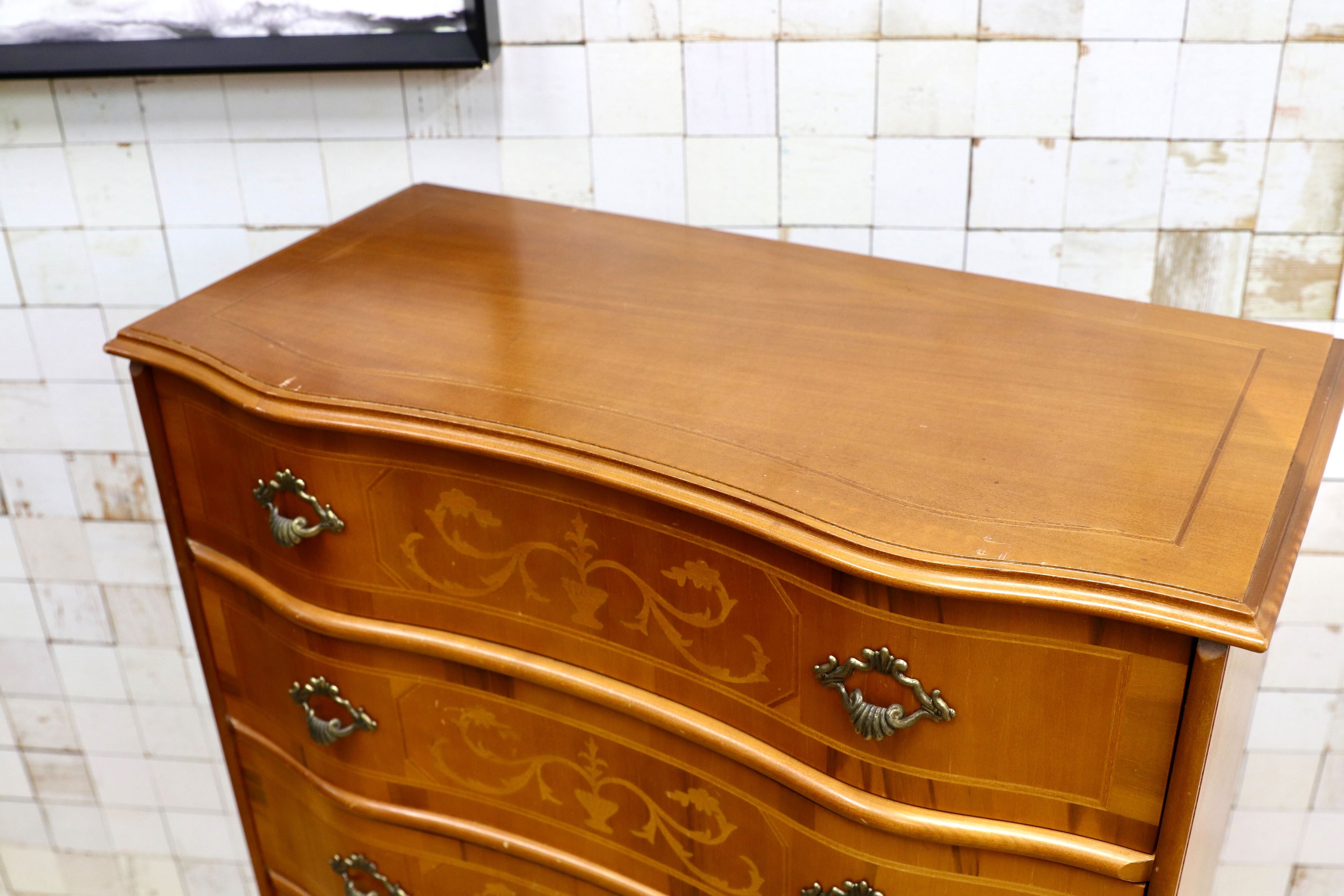 GMIK515○イタリア製 トールチェスト 引出し収納家具 象嵌細工 クラシック アンティーク 家具