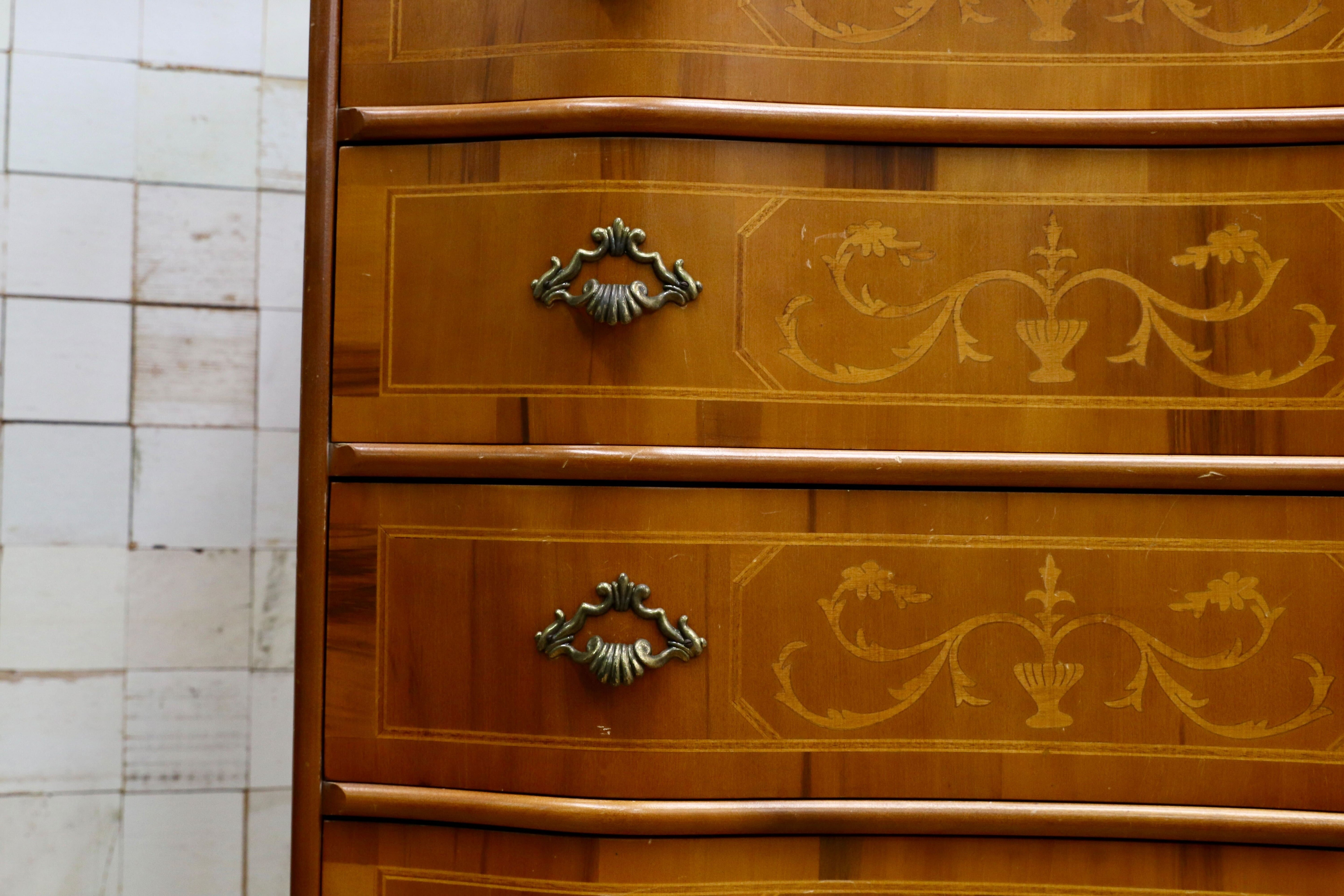 GMIK515○イタリア製 トールチェスト 引出し収納家具 象嵌細工 クラシック アンティーク 家具