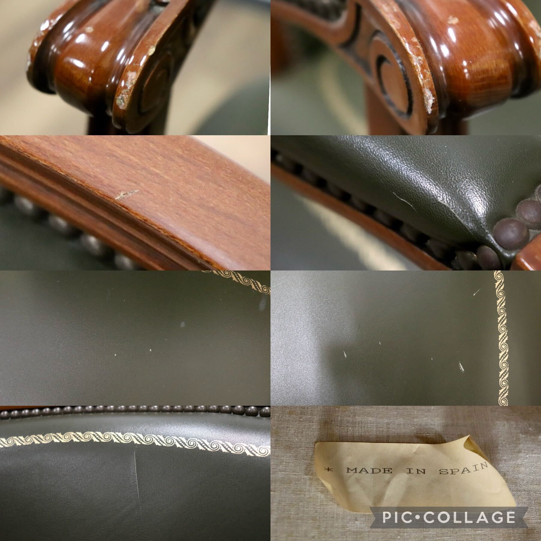 GMHS84B○スペイン製 ダイニングチェア アームチェア 食卓椅子 椅子 チェア 彫刻 鋲打ち レザー アンティーク クラシック ヨーロピアン