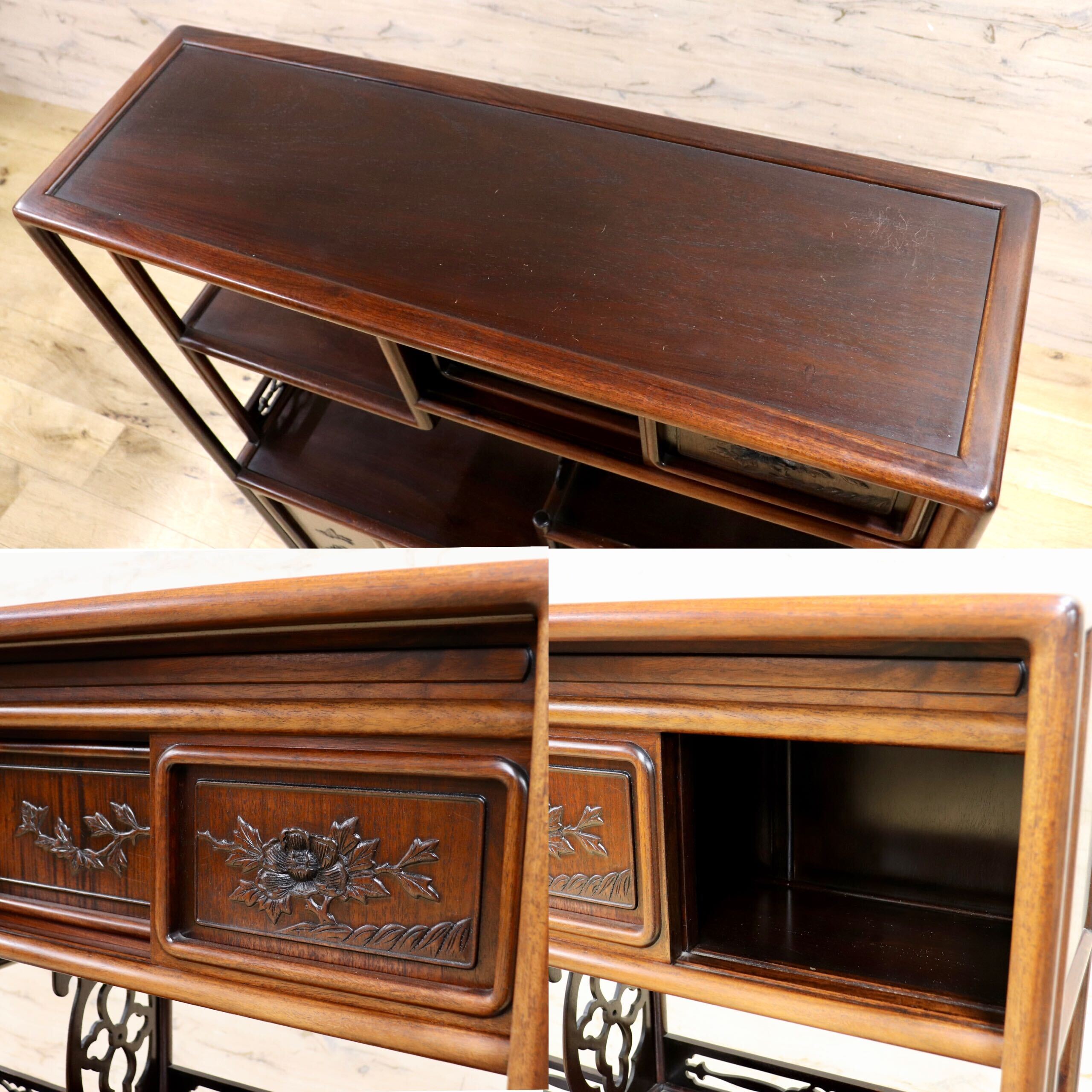 GMIH342○唐木家具 茶棚 茶箪笥 飾り棚 サイドボード 和家具 和室 座敷 古民家 古美術 透かし彫り 和製 アンティーク