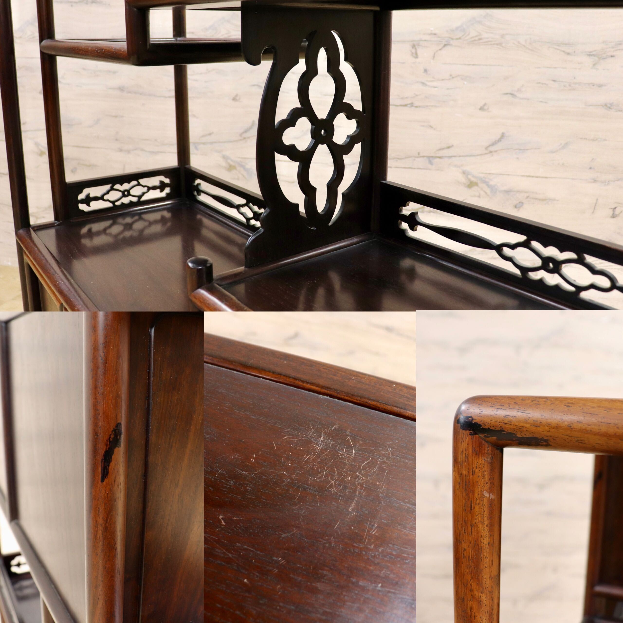 GMIH342○唐木家具 茶棚 茶箪笥 飾り棚 サイドボード 和家具 和室 座敷 古民家 古美術 透かし彫り 和製 アンティーク