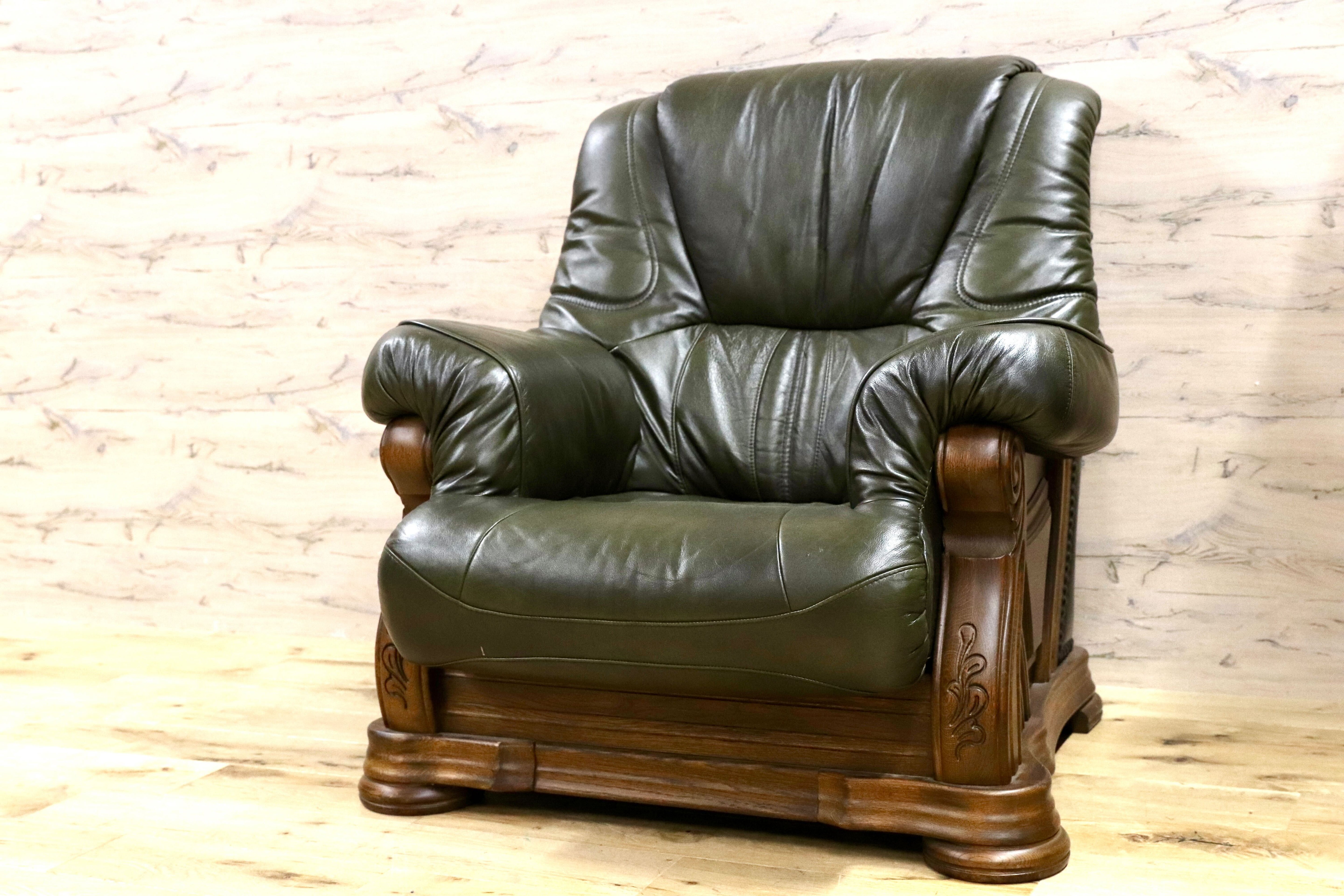 GMGH116○オランダ製 ダッチカントリー 1人掛けソファ シングルソファ オーク材 本革 緑 椅子 クラシック ヴィンテージ 約30万