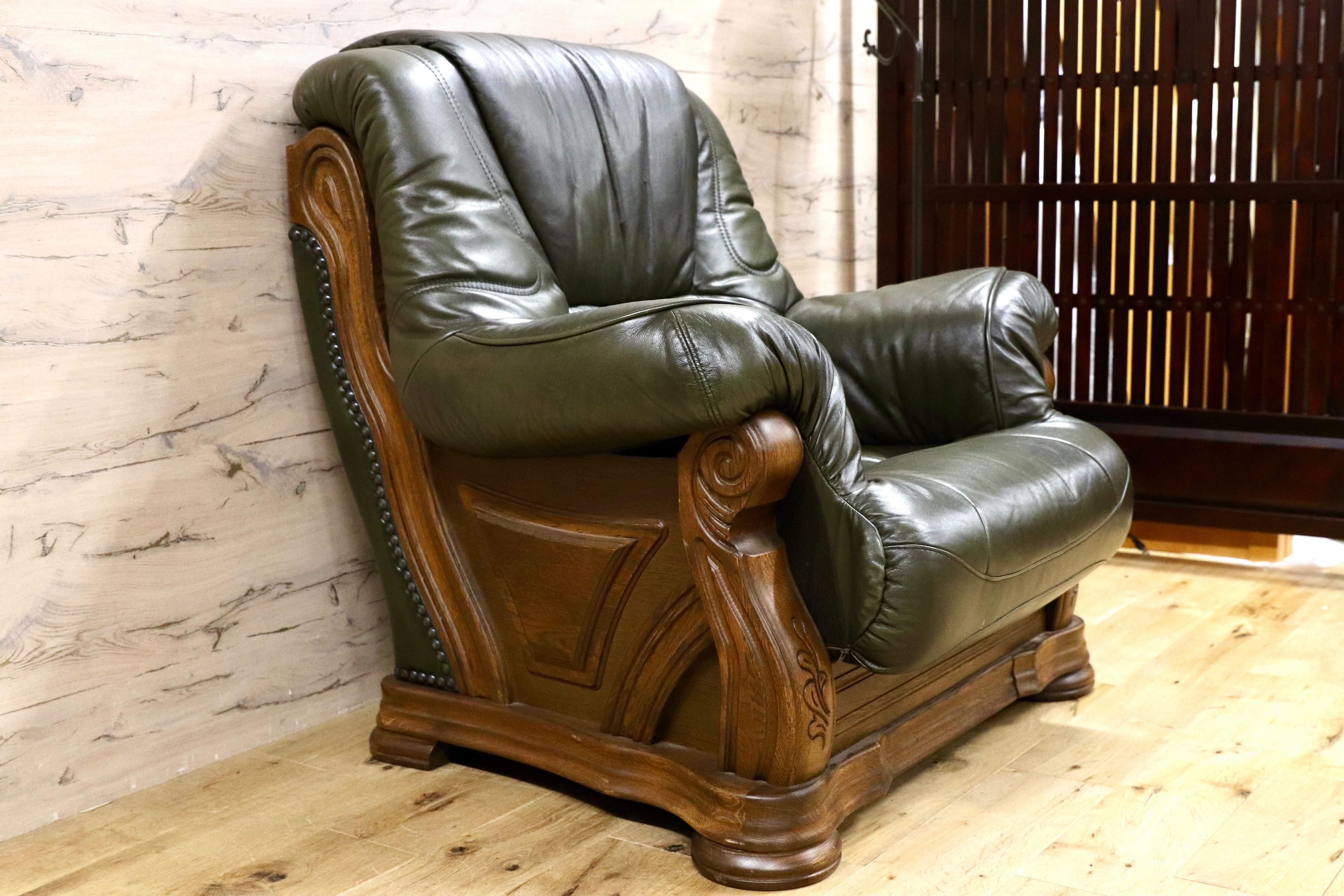 GMGH116○オランダ製 ダッチカントリー 1人掛けソファ シングルソファ オーク材 本革 緑 椅子 クラシック ヴィンテージ 約30万