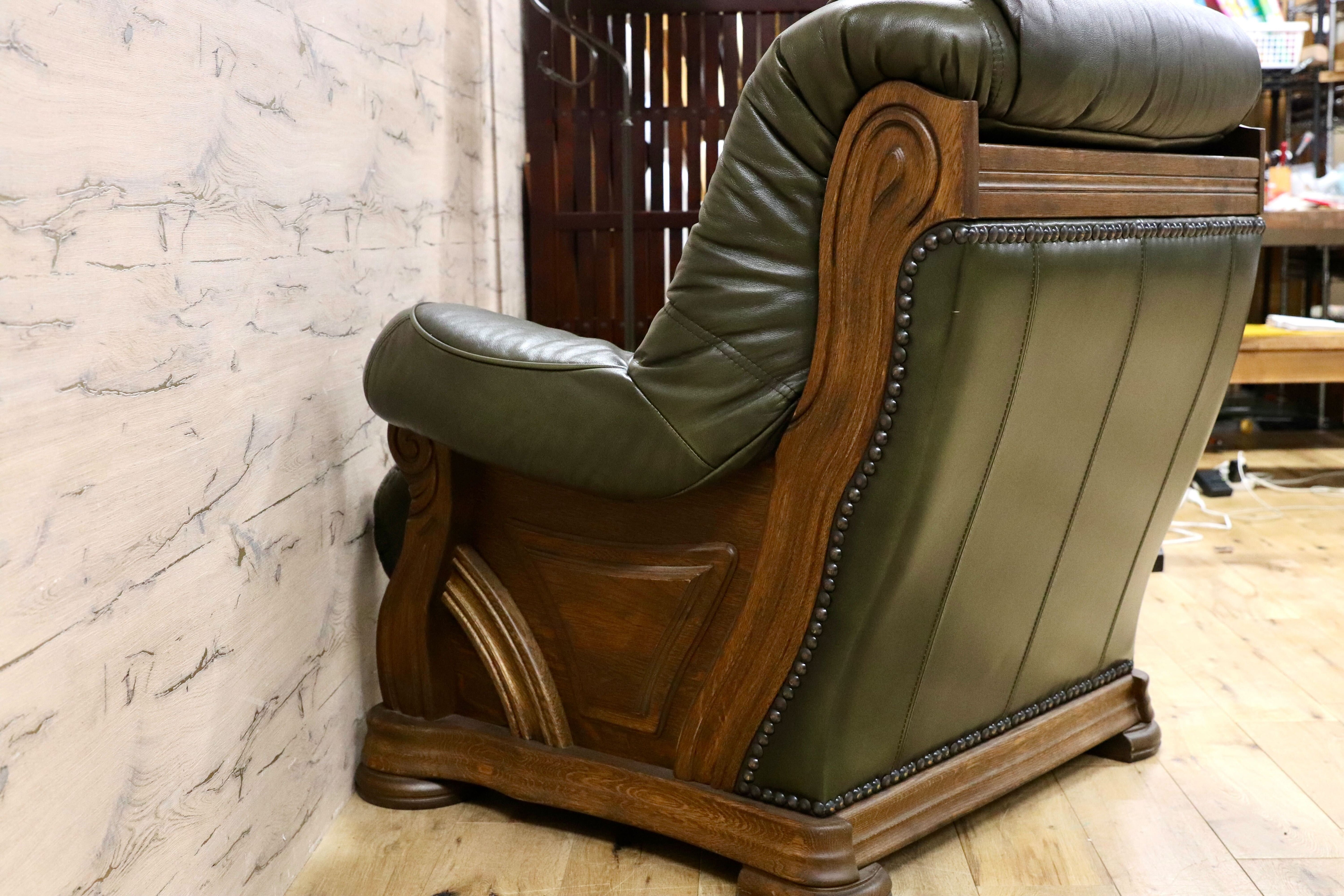 GMGH116○オランダ製 ダッチカントリー 1人掛けソファ シングルソファ オーク材 本革 緑 椅子 クラシック ヴィンテージ 約30万