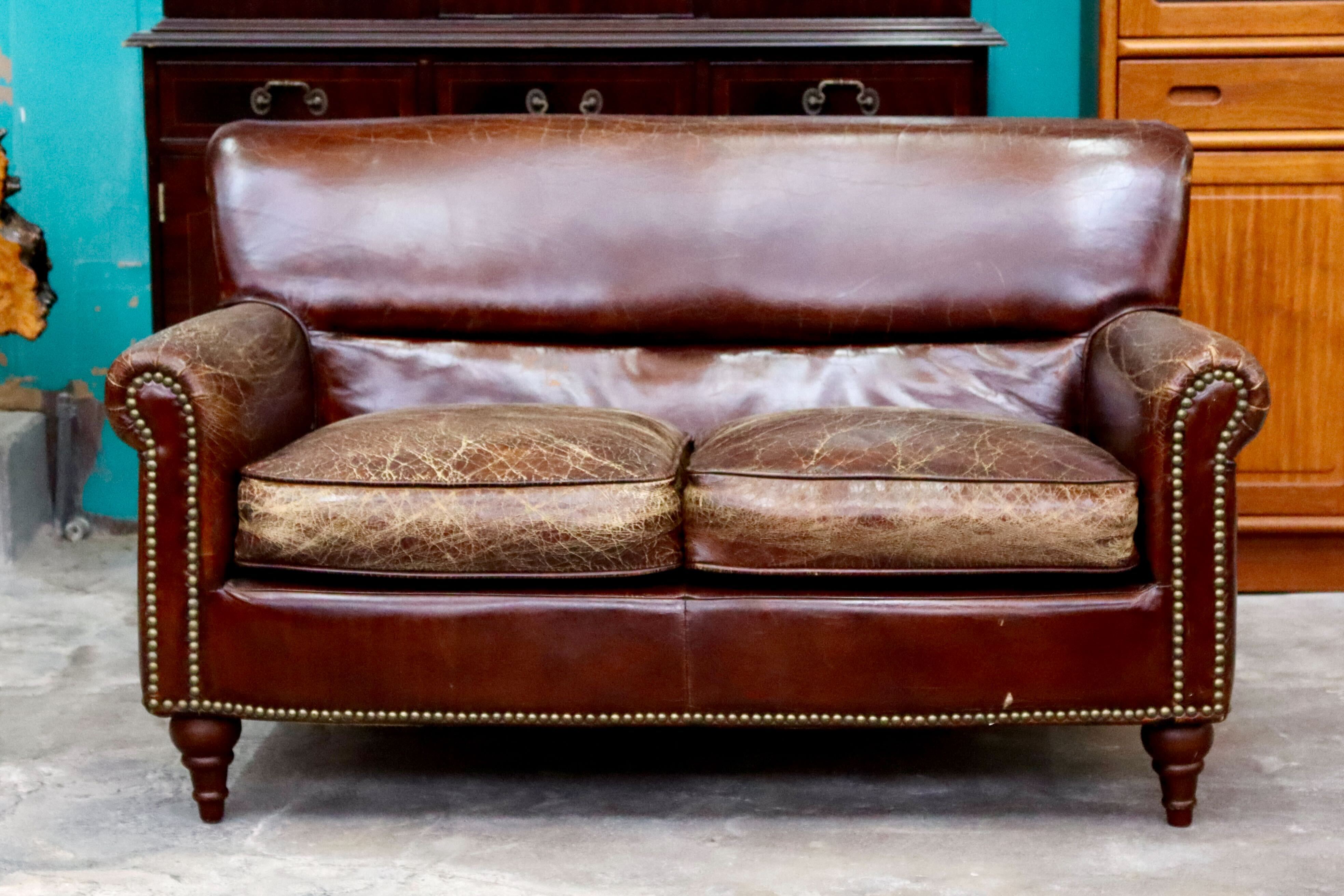 GMIK386○2人掛けソファ ラブソファ ブラウン レザー 長椅子 モダン レトロ ヴィンテージ アンティーク クラシック