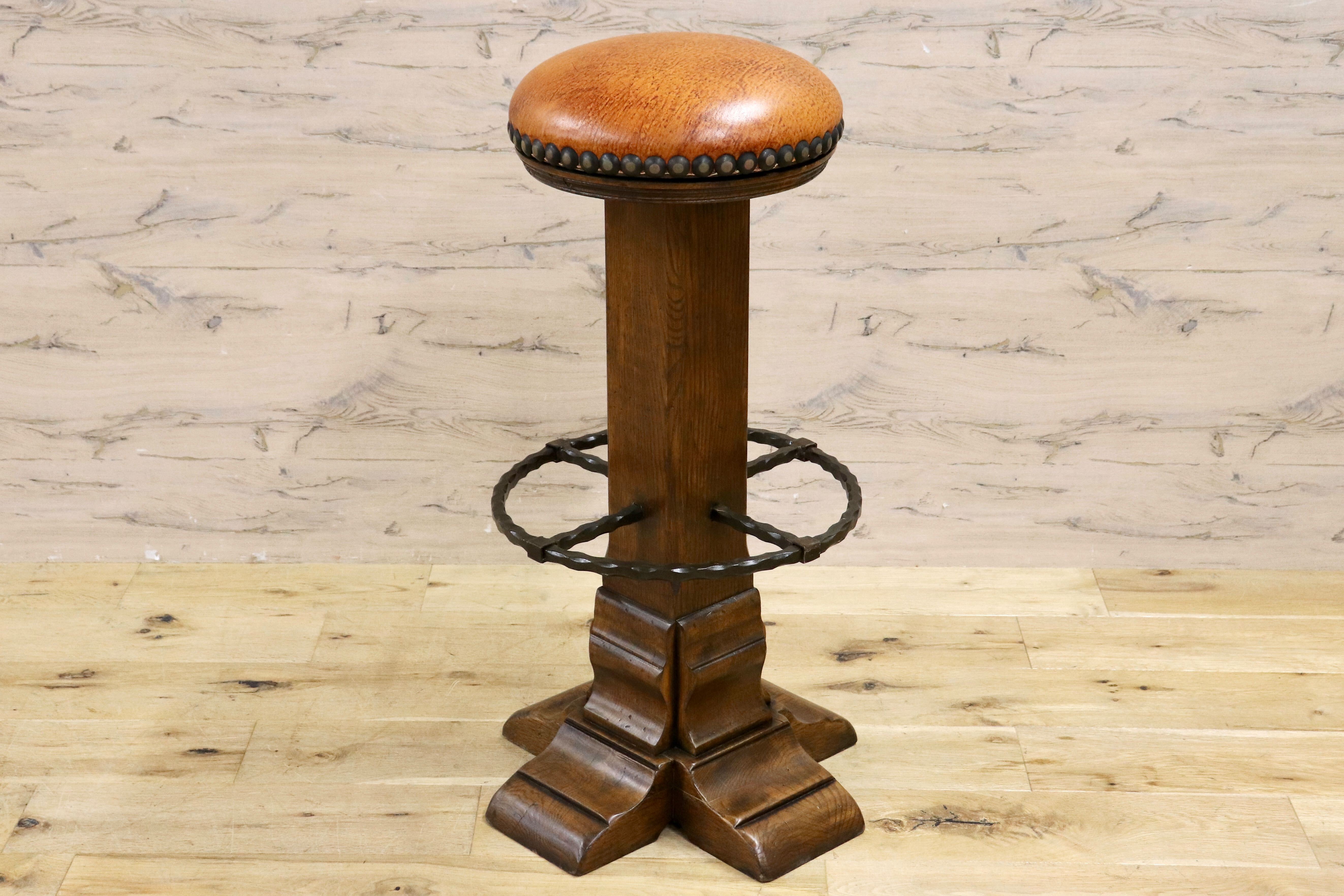 GMIK7A○スペイン製 カスティリアンスタイル バースツール ハイチェア カウンター 回転式 椅子 オーク 本革 アンティーク ヴィンテージ