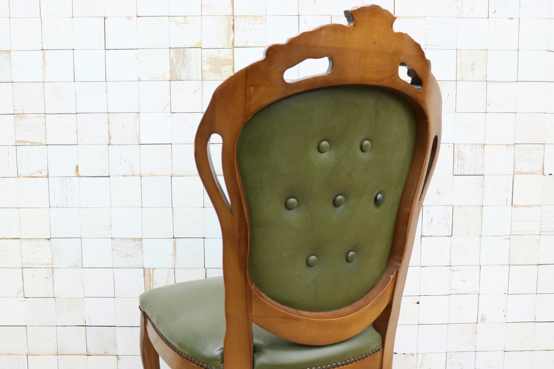 GMIK882A○イタリア ダイニングチェア 食卓椅子 アームレスチェア レザー 鋲打ち 彫刻 猫脚 アンティーク エレガント ヨーロピアン ロココ