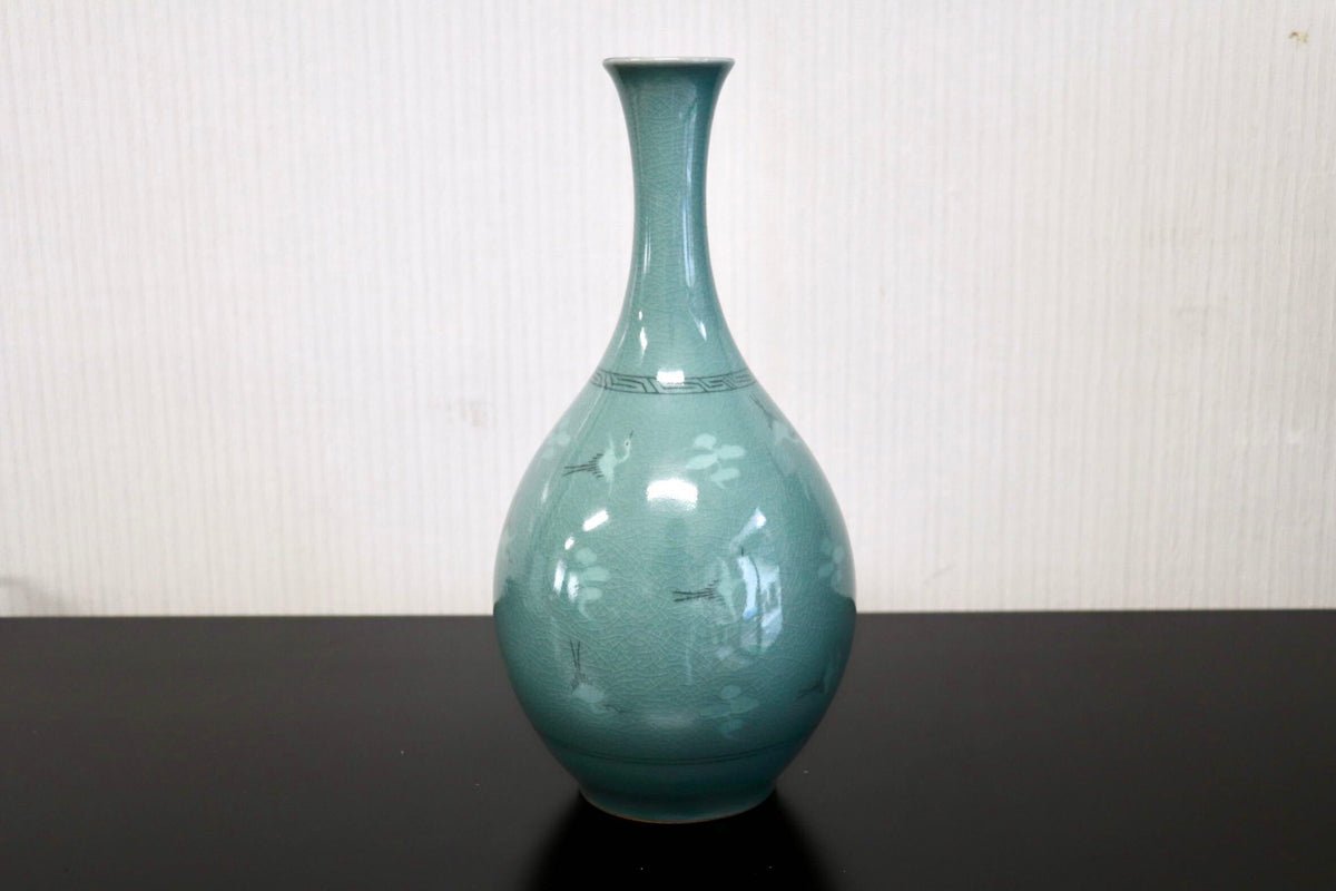 GMJK374N○趙京洙作 高麗青磁 鶴首花瓶 大花瓶 雲鶴図 韓国青磁 趙京陶芸 共箱 趙京青磁民俗陶芸