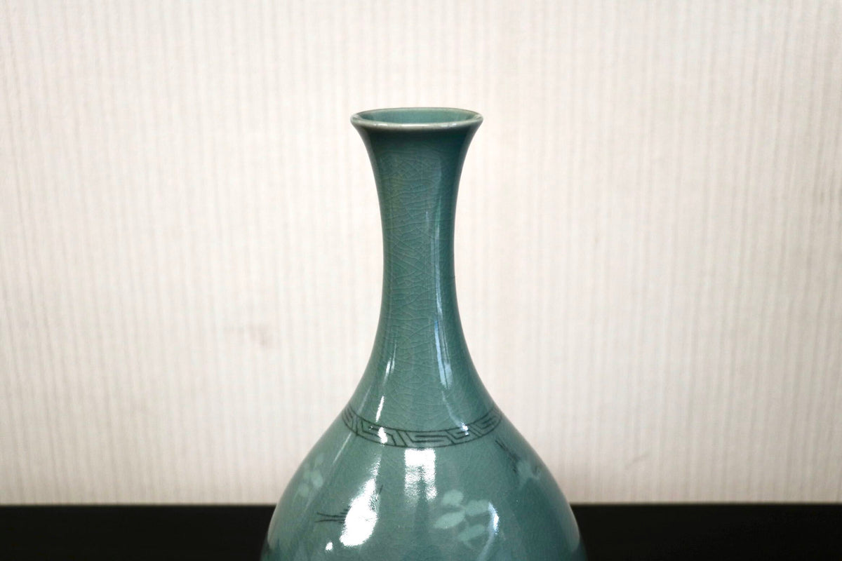 GMJK374N○趙京洙作 高麗青磁 鶴首花瓶 大花瓶 雲鶴図 韓国青磁 趙京陶芸 共箱 趙京青磁民俗陶芸