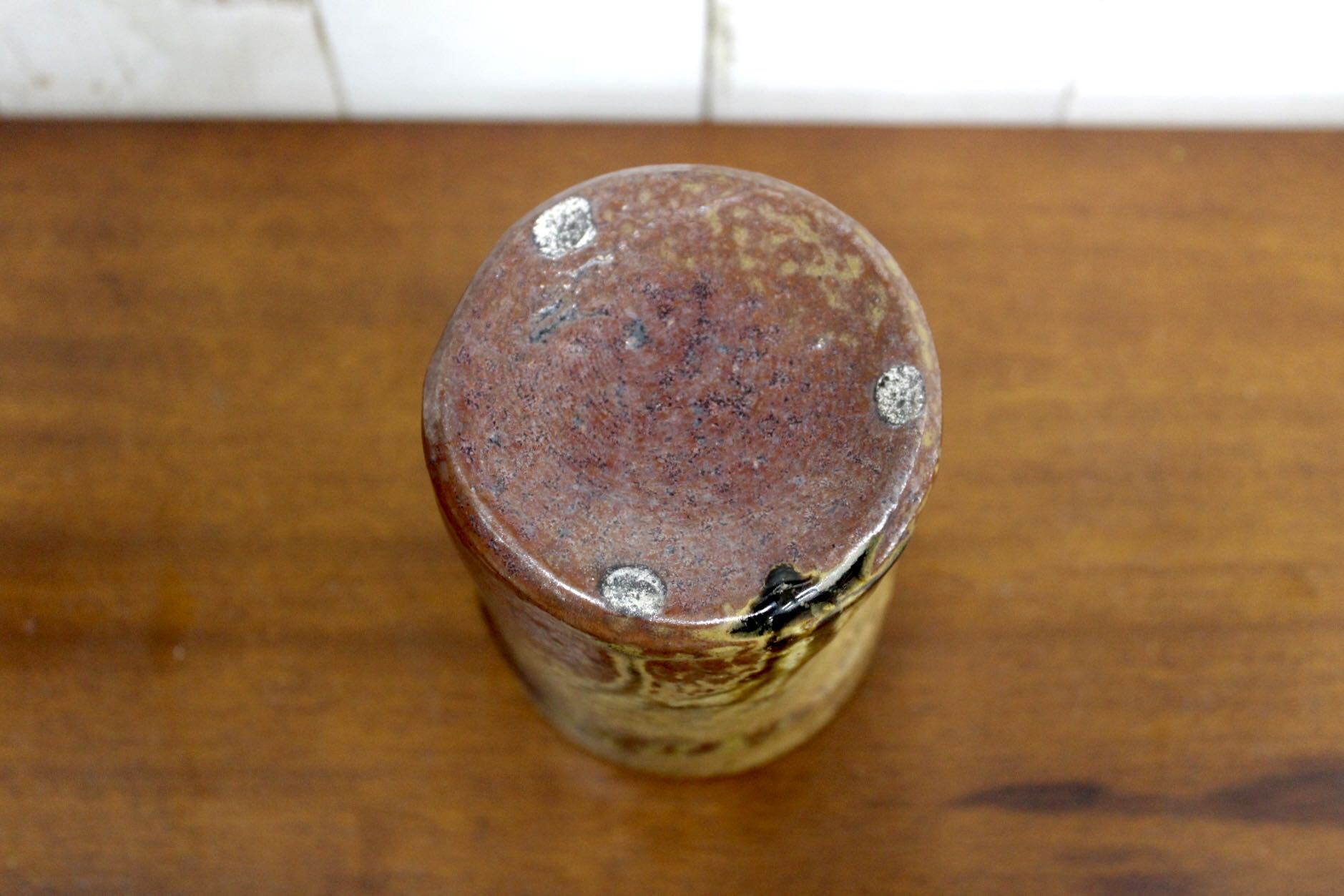 GMJK371G〇紀州瑞芝焼 掛花入 竹節 鐶付 茶道具 華道具 花瓶 床の間 骨董 古美術 共箱 未使用