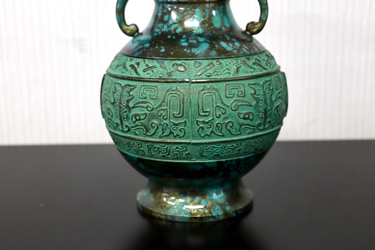 GMJK374P◯鋳銅花瓶 青銅双耳花瓶 古代文様鋳銅花器 緑青仕上げ大壺 饕餮文様銅器 双耳饕餮文花生 置物 インテリア 共箱