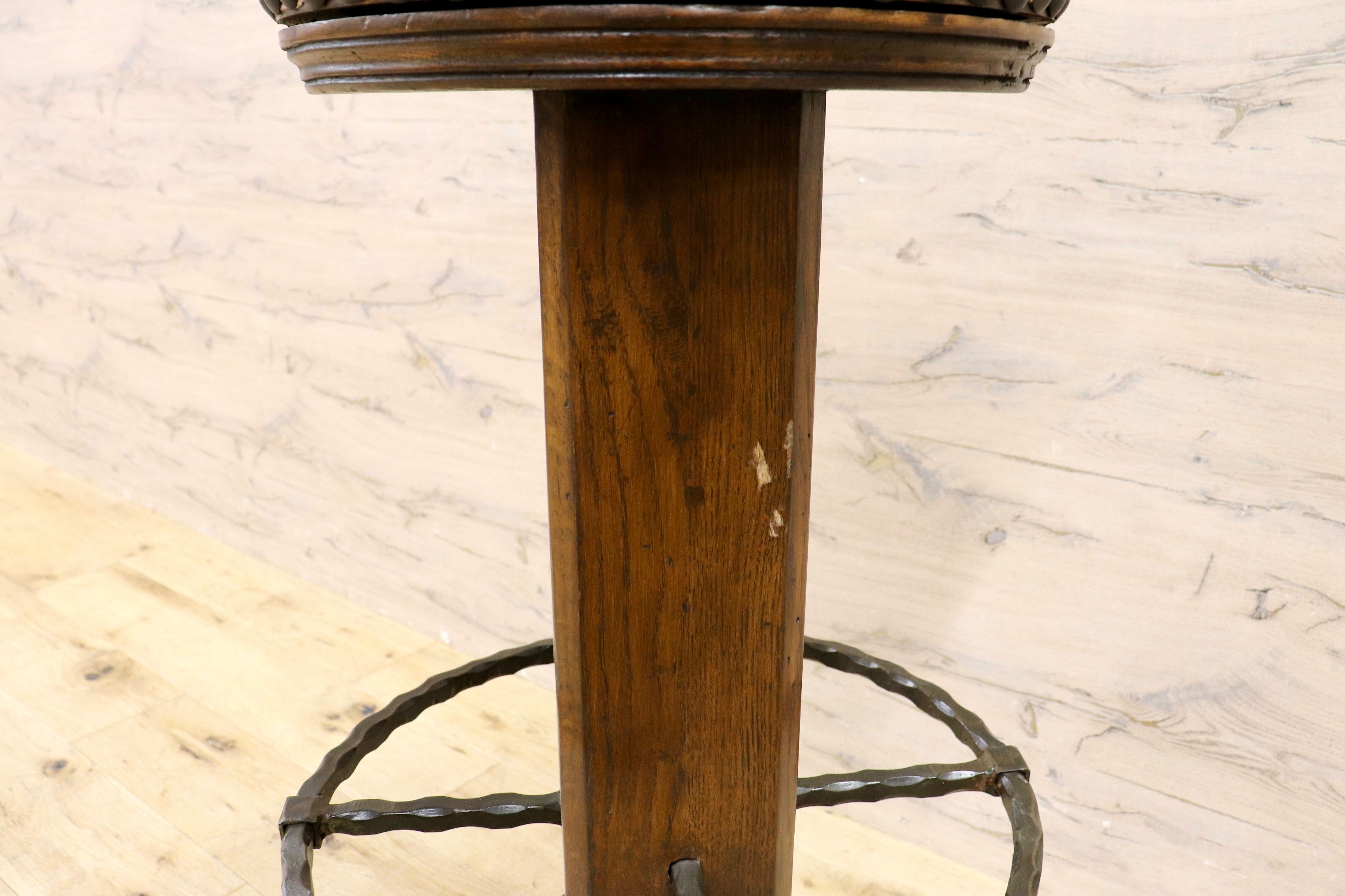 GMIK7D○スペイン製 カスティリアンスタイル バースツール ハイチェア カウンター 回転式 椅子 オーク 本革 アンティーク ヴィンテージ