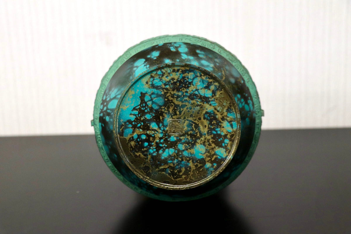 GMJK374P◯鋳銅花瓶 青銅双耳花瓶 古代文様鋳銅花器 緑青仕上げ大壺 饕餮文様銅器 双耳饕餮文花生 置物 インテリア 共箱