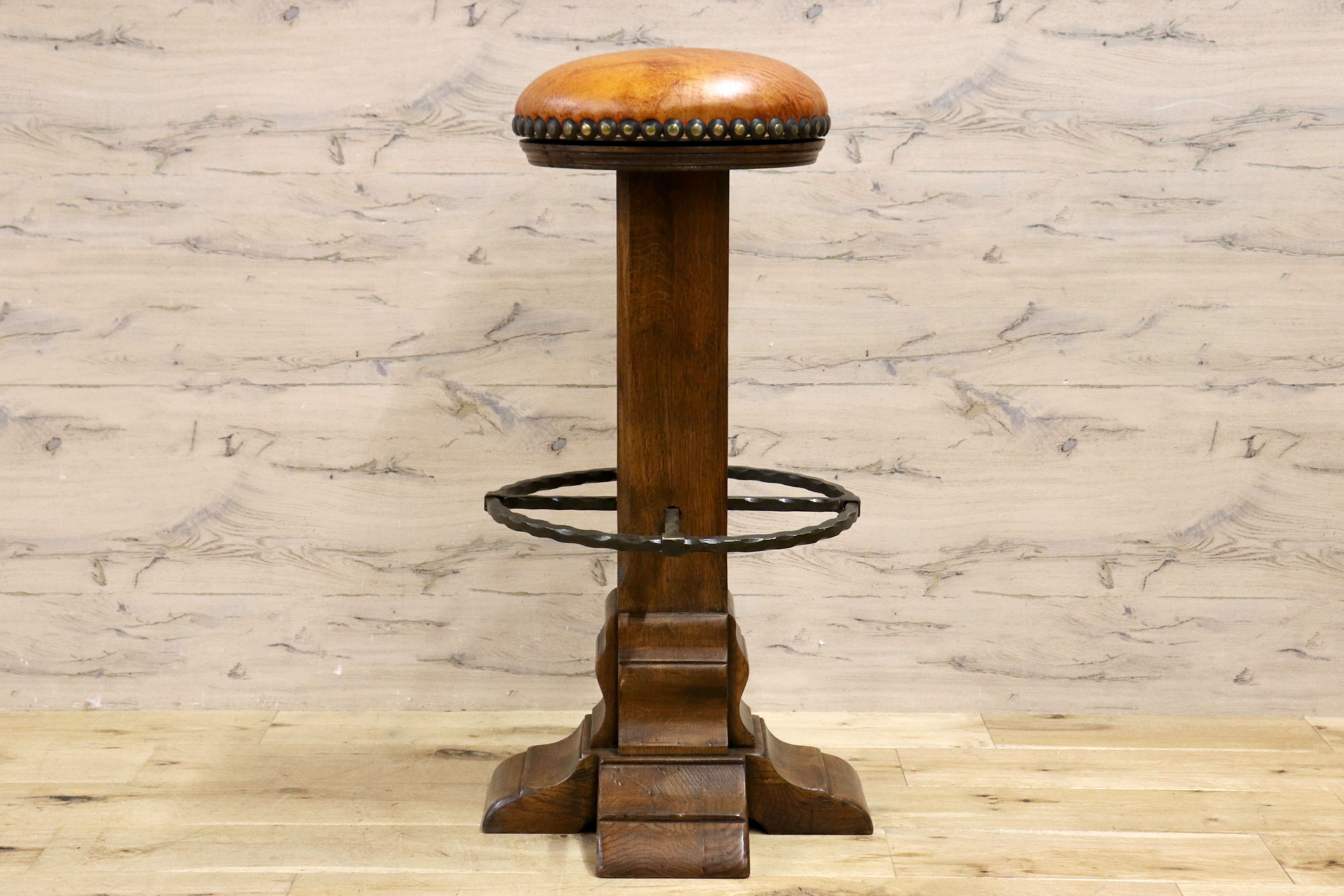 GMIK7G○スペイン製 カスティリアンスタイル バースツール ハイチェア カウンター 回転式 椅子 オーク 本革 アンティーク ヴィンテージ