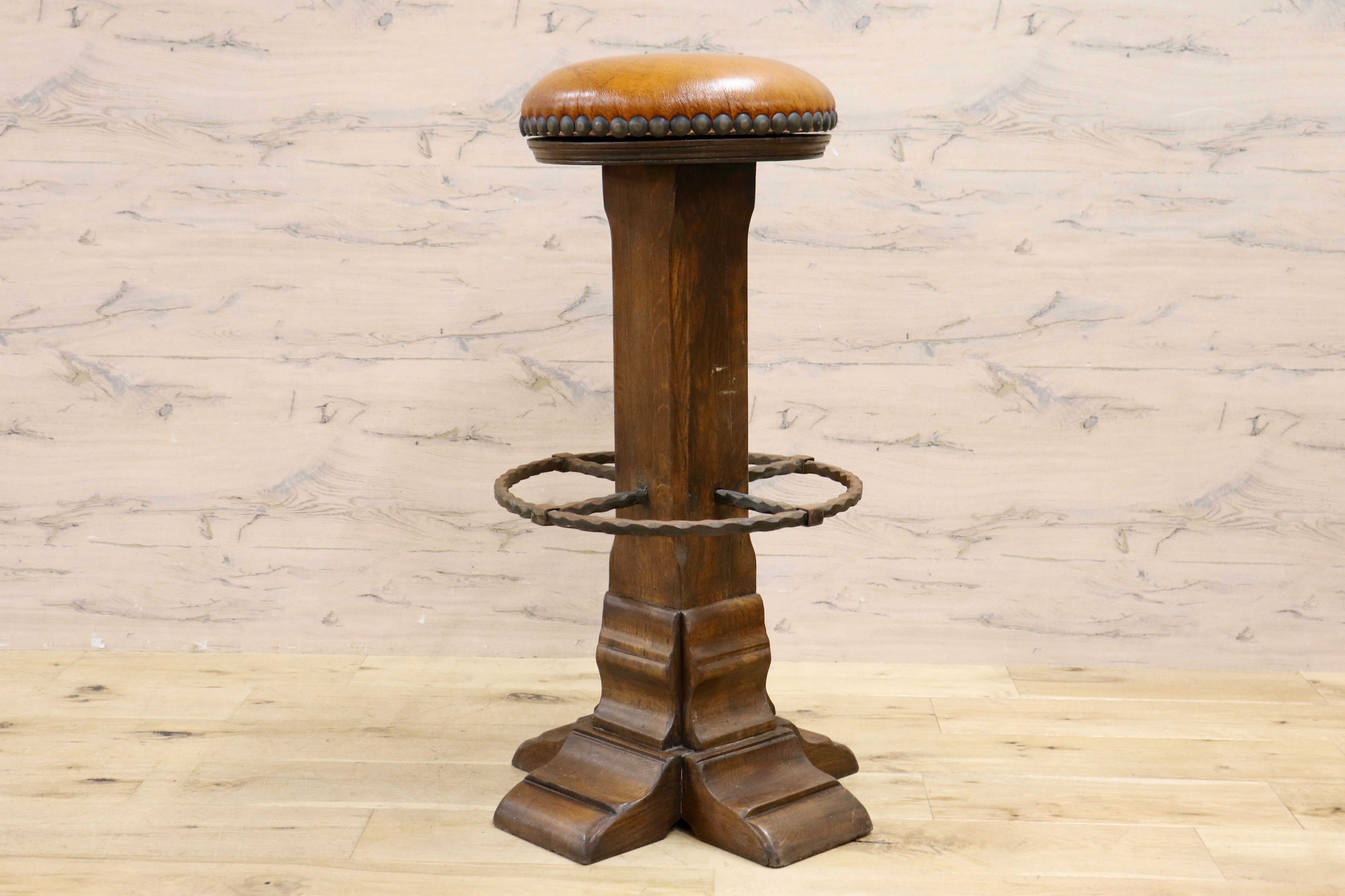 GMIK7H○スペイン製 カスティリアンスタイル バースツール ハイチェア カウンター 回転式 椅子 オーク 本革 アンティーク ヴィンテージ
