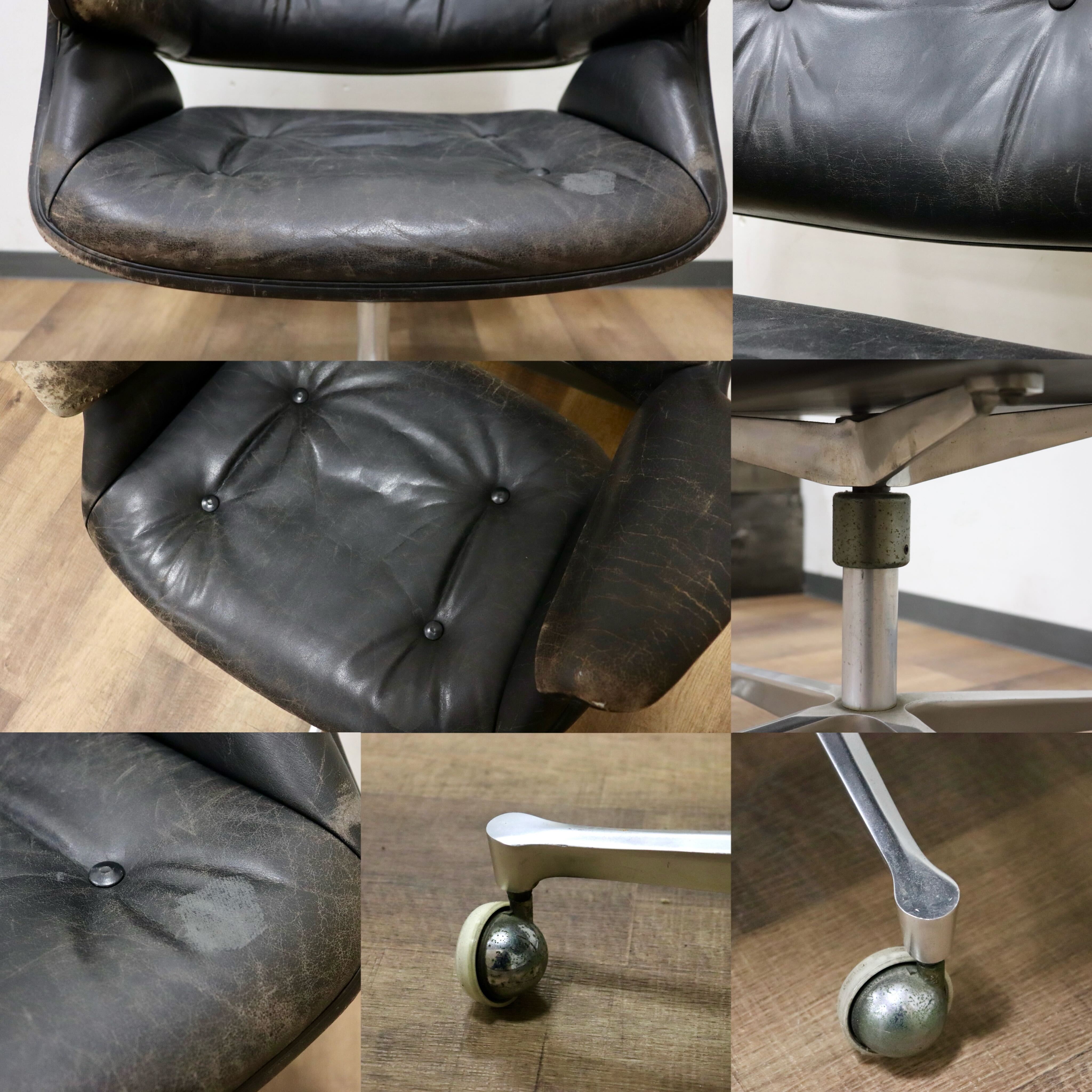 GMHS274○US ヴィンテージ デスクチェア ワークチェア 書斎椅子 回転チェア 本革 ブラック アンティーク 検)giroflex Knoll ポロック