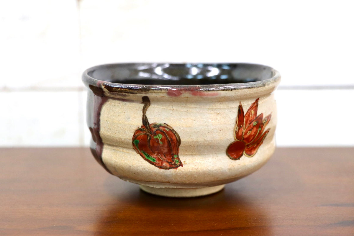 GMJK371AB〇紀州焼 葵窯 鬼灯 茶碗 共箱 茶道具 抹茶碗 色絵 ほおずき 未使用