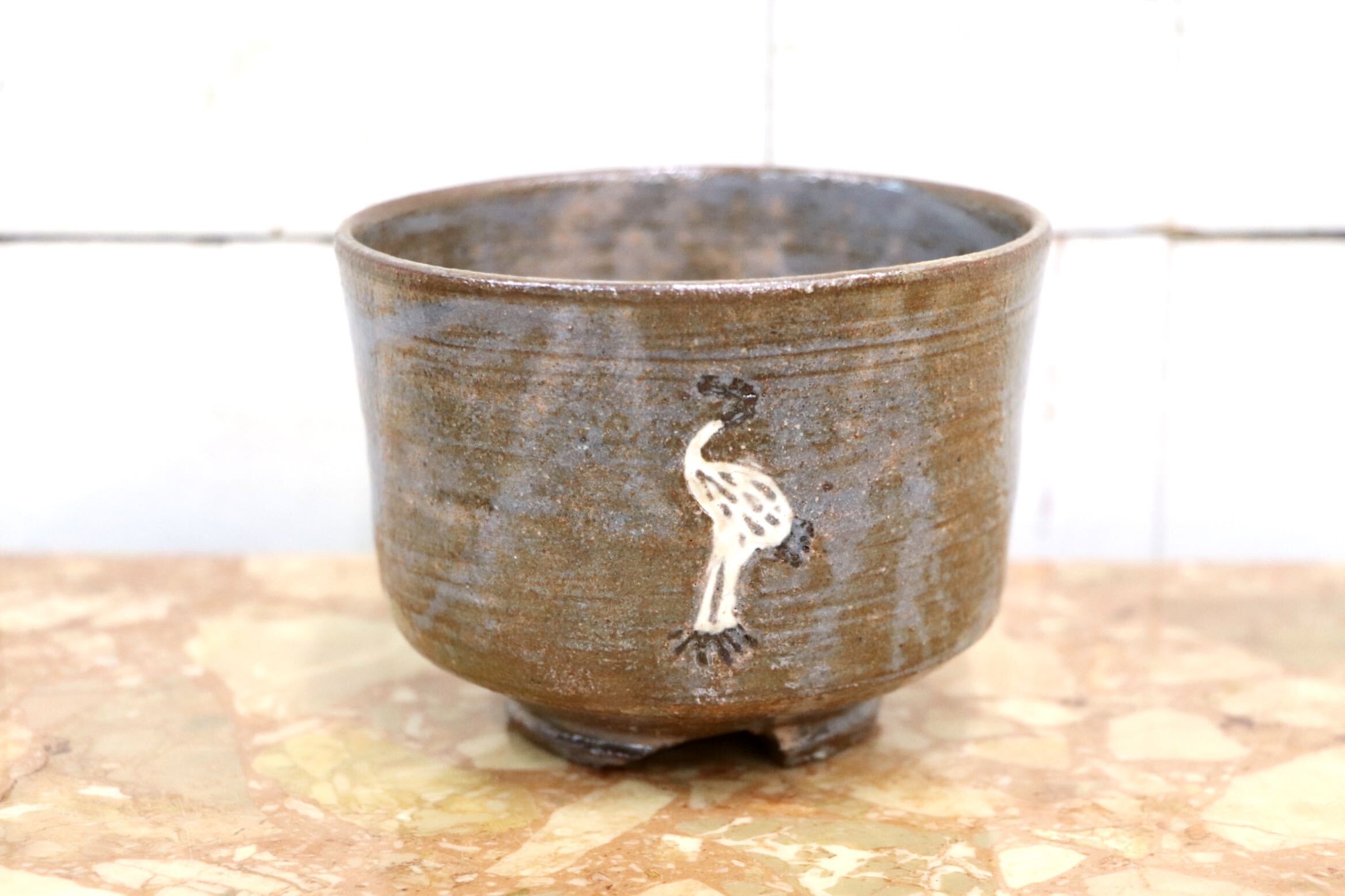 GMJK371AD〇紀州焼 葵窯 二代 寒川栖豊 立鶴 茶碗 共箱 茶道具 抹茶碗