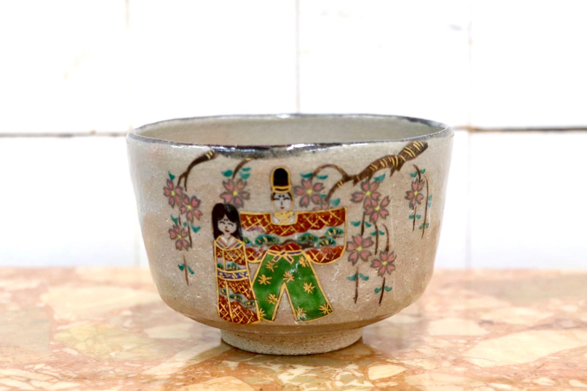 GMJK371AE〇紀州焼 葵窯 二代 寒川栖豊 立雛 茶碗 共箱 茶道具 抹茶碗 色絵 未使用