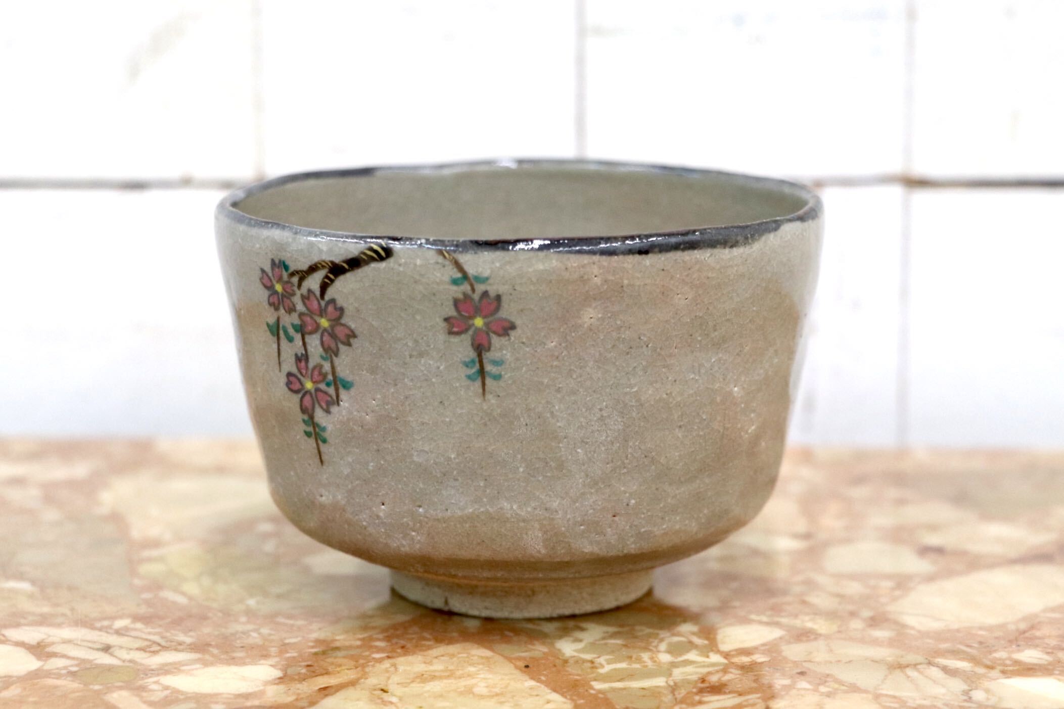GMJK371AE〇紀州焼 葵窯 二代 寒川栖豊 立雛 茶碗 共箱 茶道具 抹茶碗 色絵 未使用