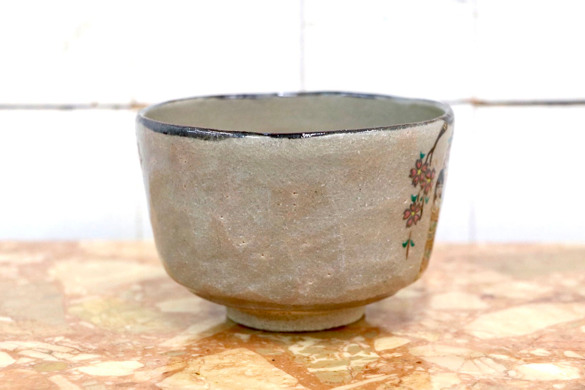 GMJK371AE〇紀州焼 葵窯 二代 寒川栖豊 立雛 茶碗 共箱 茶道具 抹茶碗 色絵 未使用