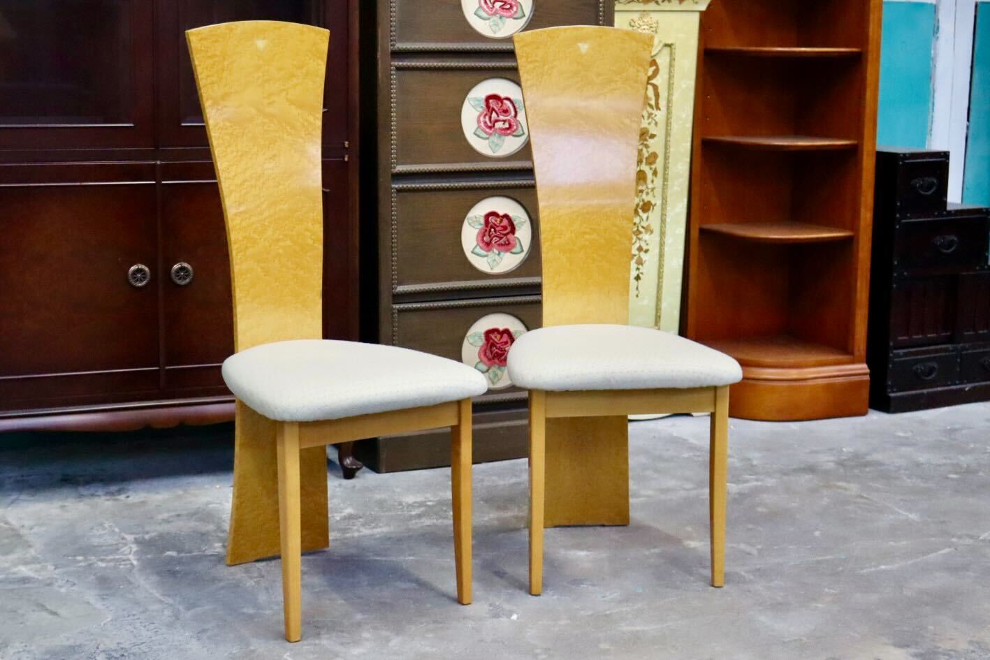 GMIS371C○IDC大塚家具 松創 ダイニングチェア アームレスチェアハイバックチェア 2脚セット 木製 バーズアイメープル ファブリック モダン