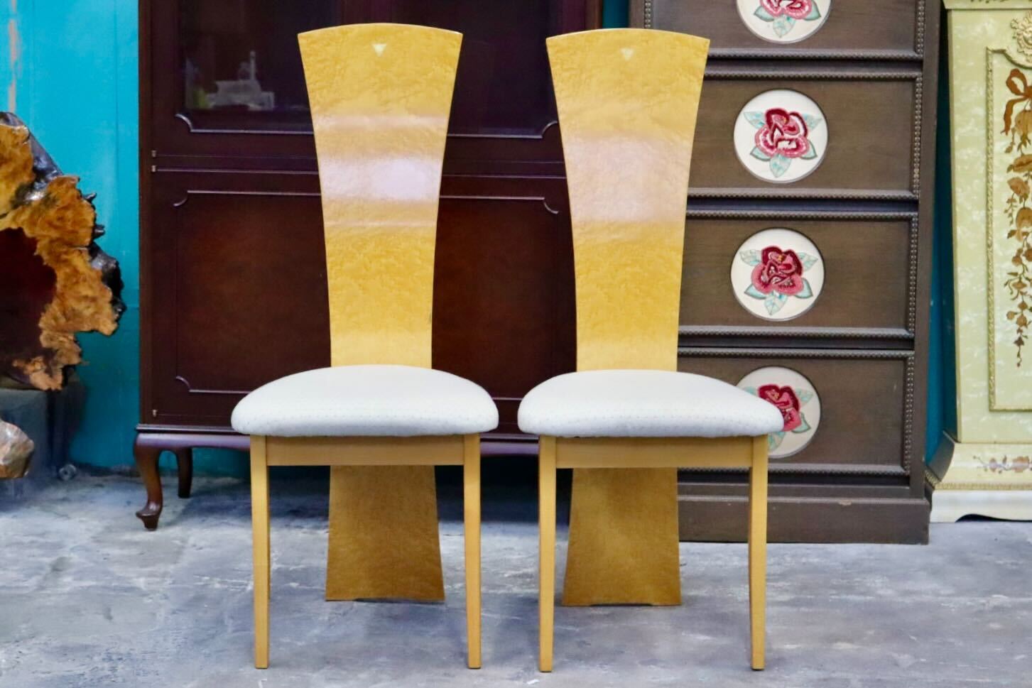 GMIS371C○IDC大塚家具 松創 ダイニングチェア アームレスチェアハイバックチェア 2脚セット 木製 バーズアイメープル ファブリック モダン