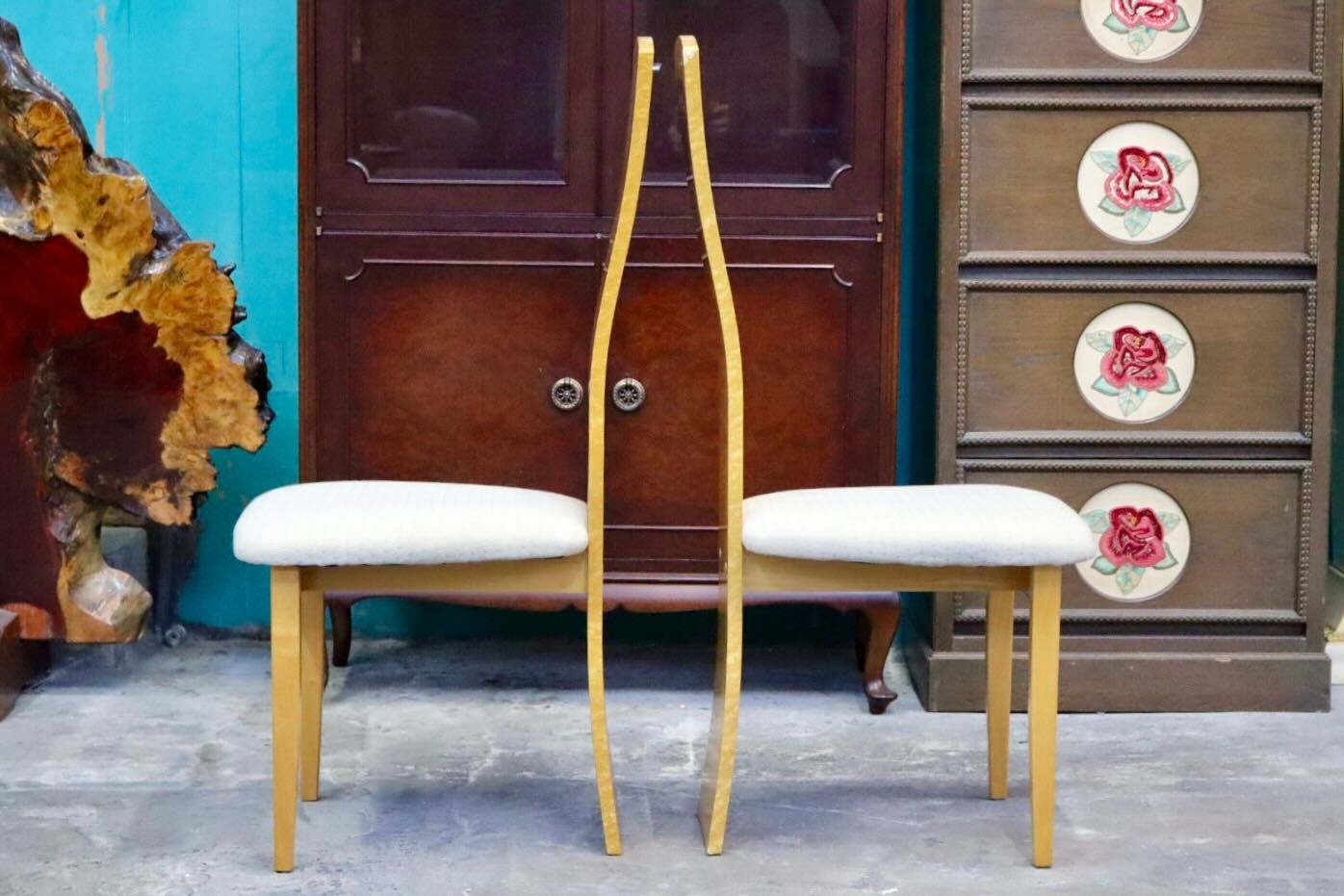 GMIS371C○IDC大塚家具 松創 ダイニングチェア アームレスチェアハイバックチェア 2脚セット 木製 バーズアイメープル ファブリック モダン