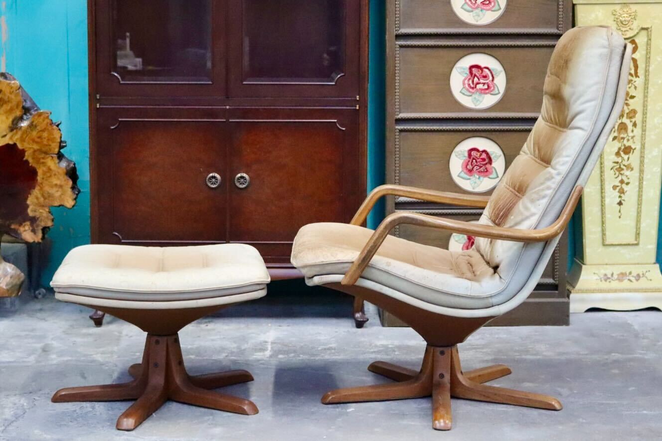 GMIK698○BERG Furniture / ベルグファニチャー 1人掛けソファ ラウンジチェア 回転式 オットマン 本革 ミッドセンチュリー デンマーク