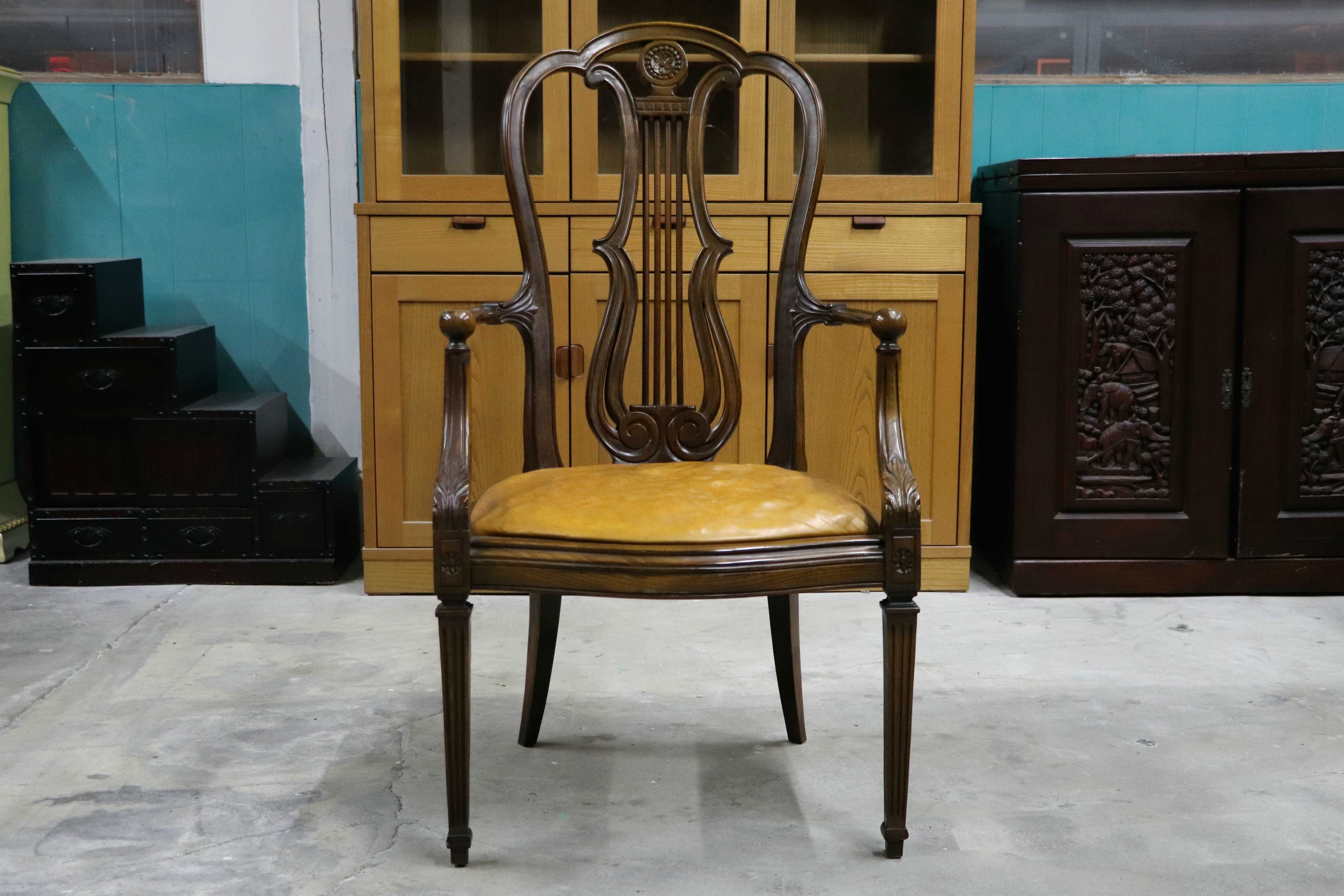 GMIO291○英国アンティーク アームチェア ダイニングチェア 食卓椅子 木製 レザー クラシック ヨーロピアン 輸入家具