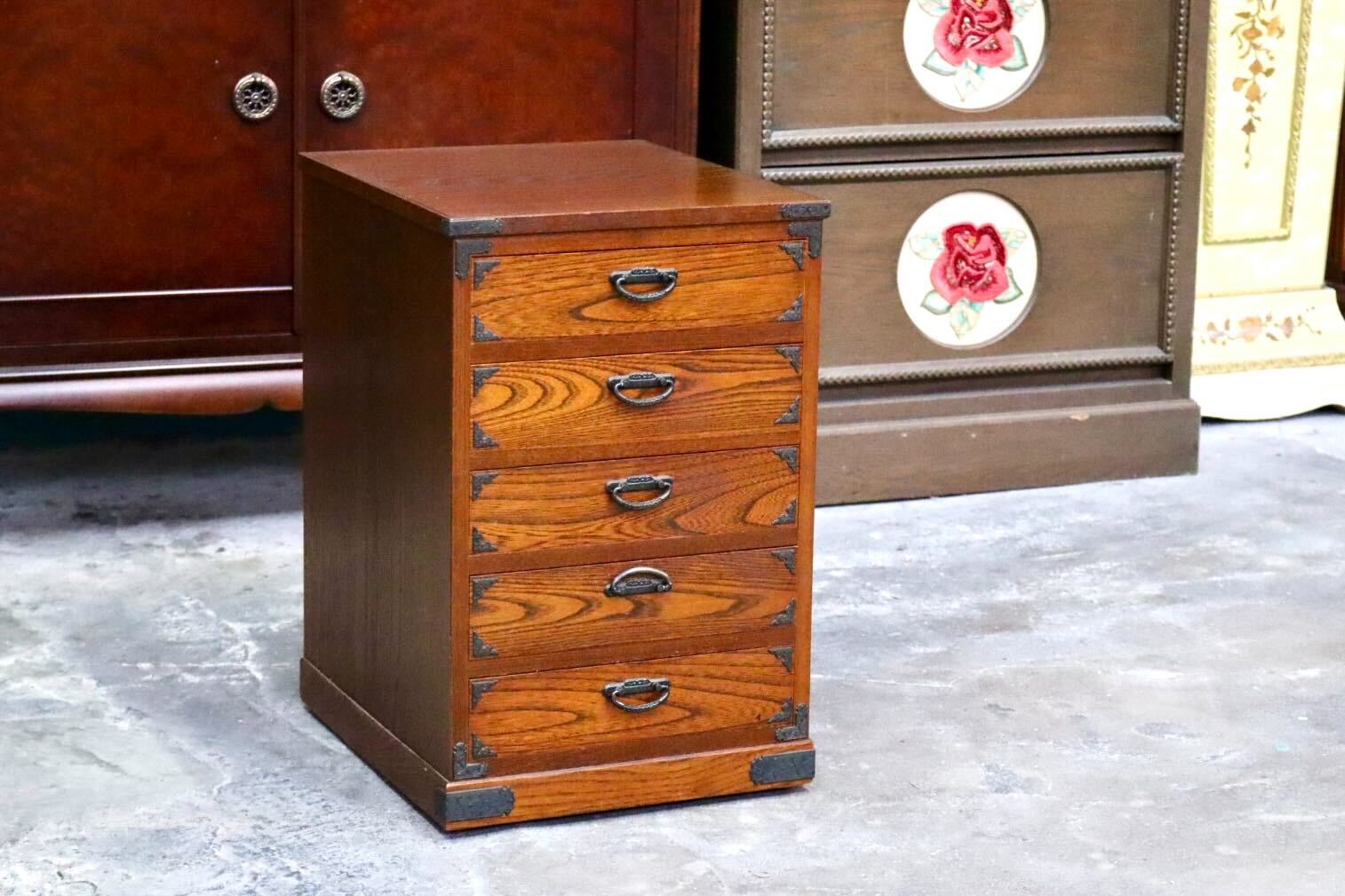 GMIH355○小箪笥 タンス 民芸家具 5段チェスト 時代箪笥 整理箪笥 引き出し収納 キャスター 和家具 和室 レトロ