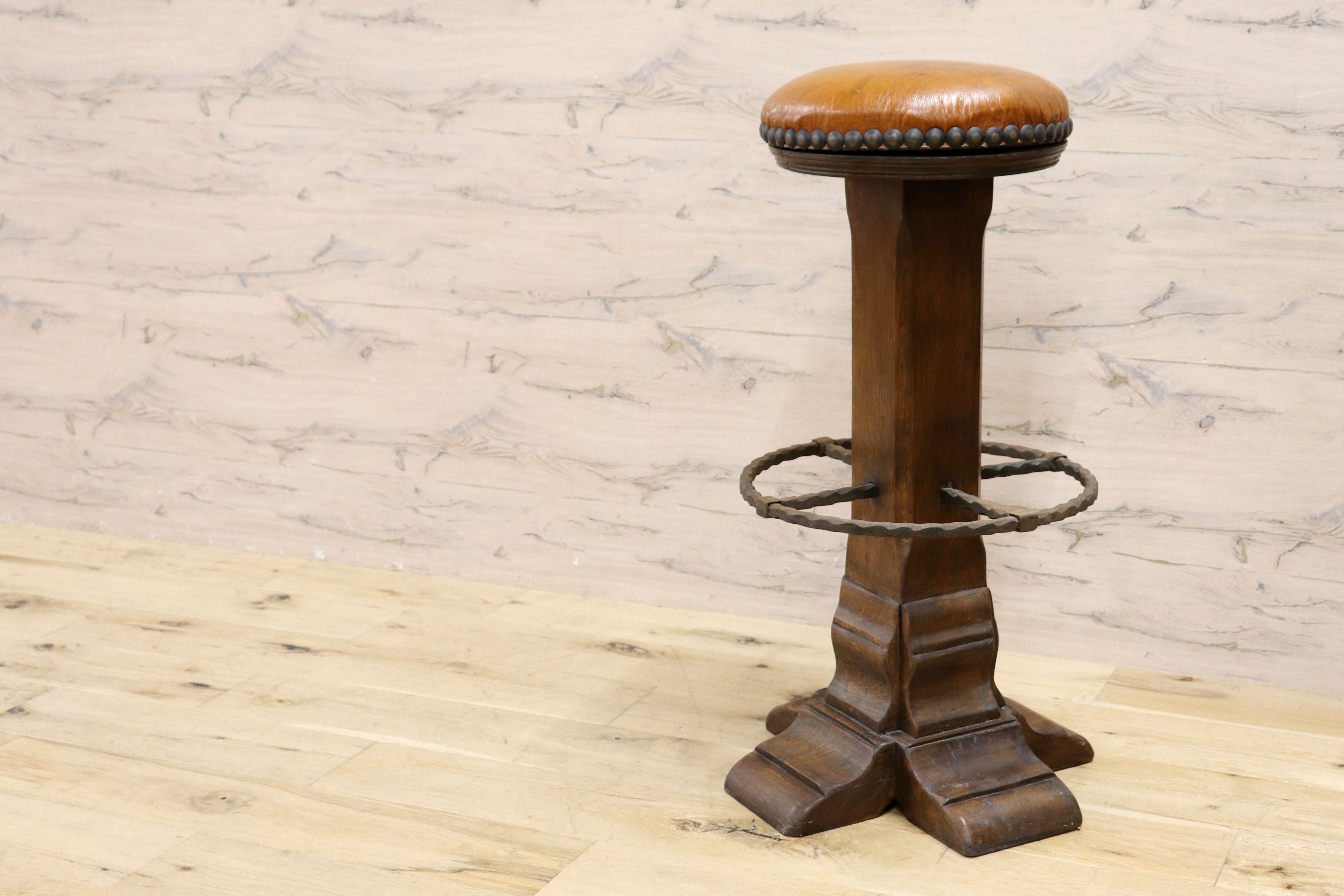 GMIK7J○スペイン製 カスティリアンスタイル バースツール ハイチェア カウンター 回転式 椅子 オーク 本革 アンティーク ヴィンテージ