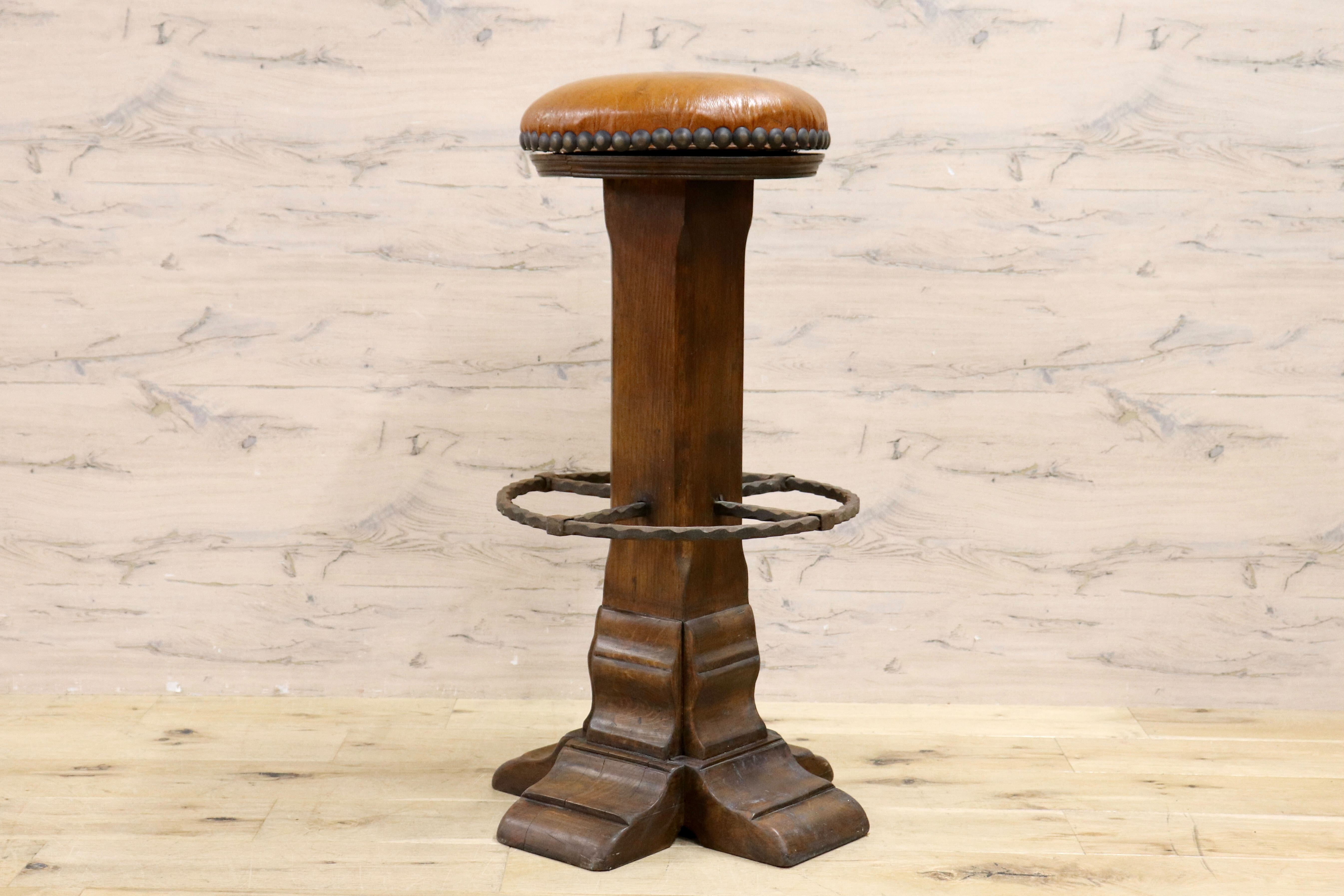GMIK7J○スペイン製 カスティリアンスタイル バースツール ハイチェア カウンター 回転式 椅子 オーク 本革 アンティーク ヴィンテージ