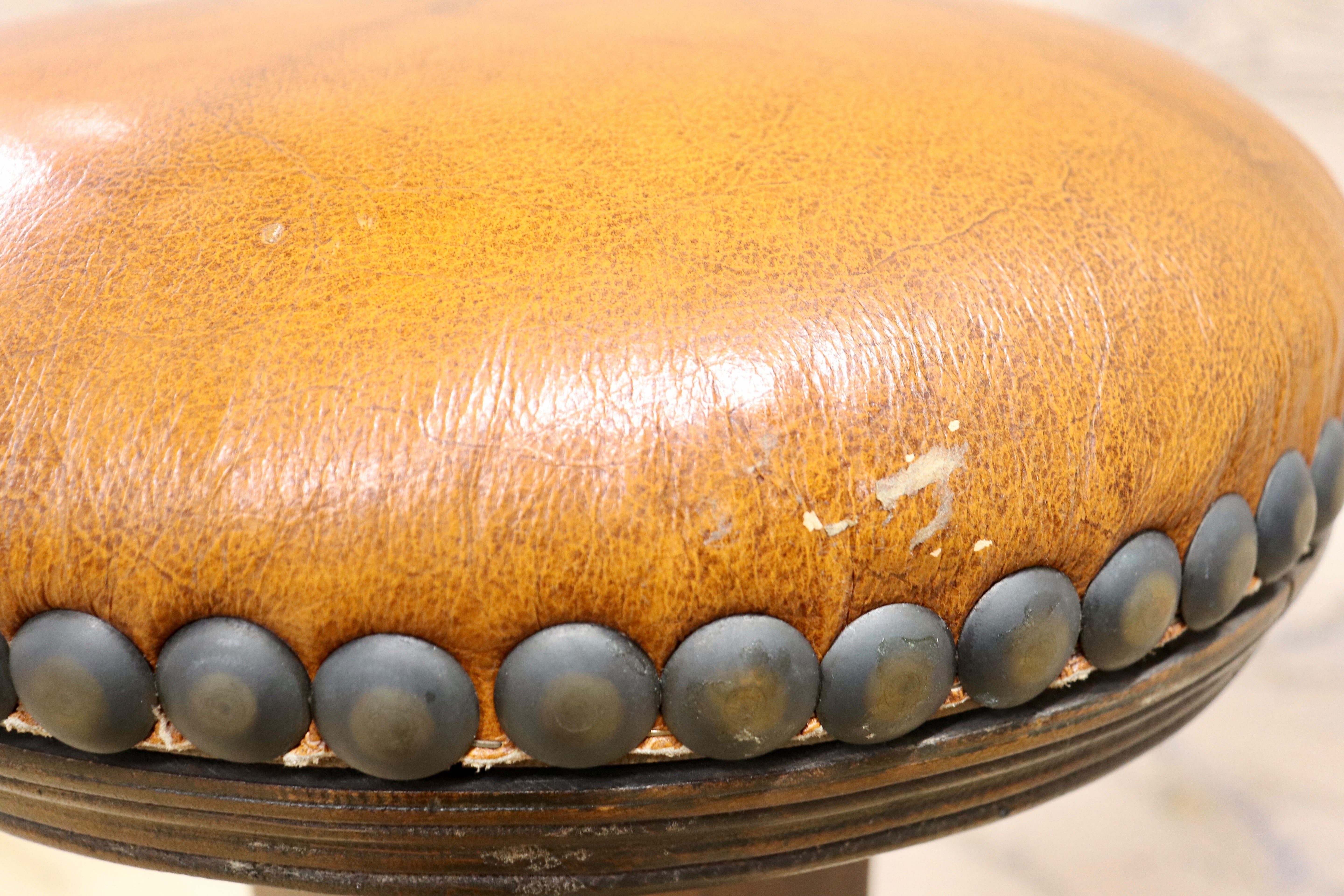 GMIK7J○スペイン製 カスティリアンスタイル バースツール ハイチェア カウンター 回転式 椅子 オーク 本革 アンティーク ヴィンテージ