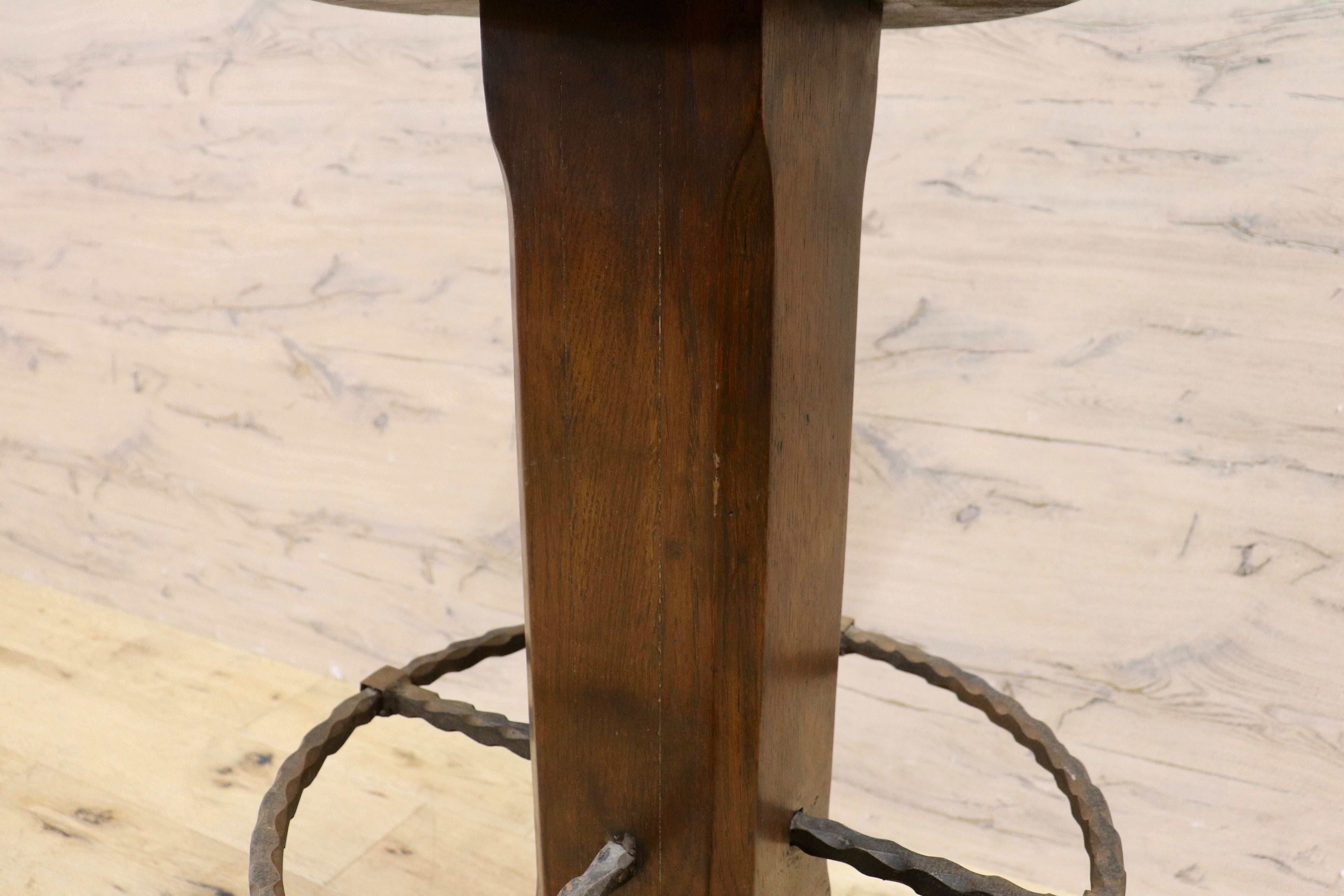 GMIK7J○スペイン製 カスティリアンスタイル バースツール ハイチェア カウンター 回転式 椅子 オーク 本革 アンティーク ヴィンテージ