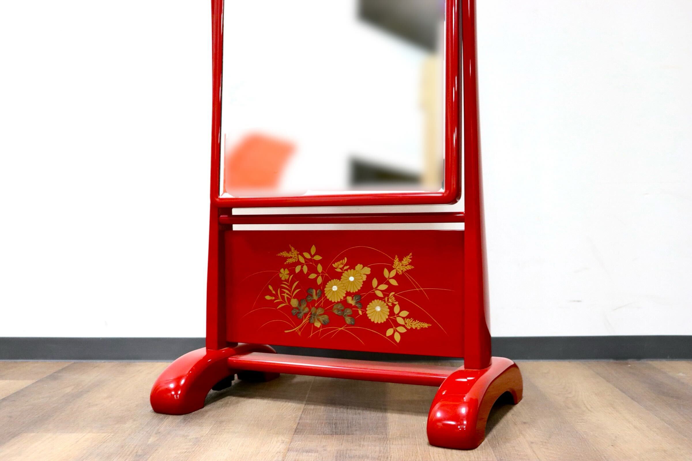 GMGF120○MATSUSO / 松創 秋草に朱 橘型 全身鏡 姿見 スタンドミラー 漆塗り 朱色 和モダン 府中家具 IDC大塚家具 定価約84万 展示品