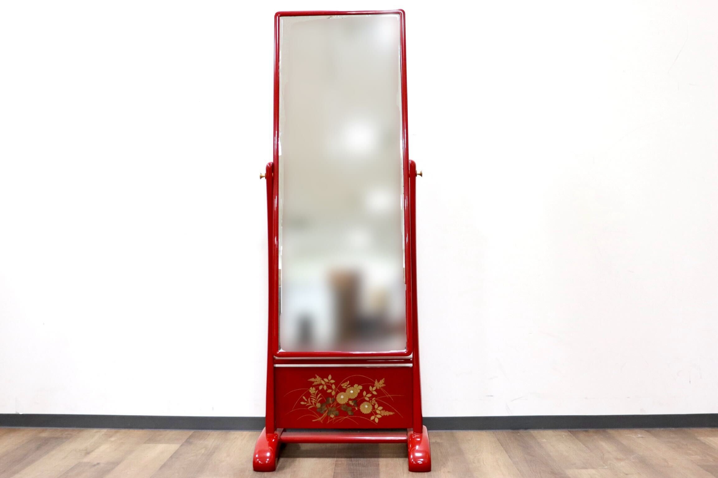 GMGF120○MATSUSO / 松創 秋草に朱 橘型 全身鏡 姿見 スタンドミラー 漆塗り 朱色 和モダン 府中家具 IDC大塚家具 定価約84万 展示品