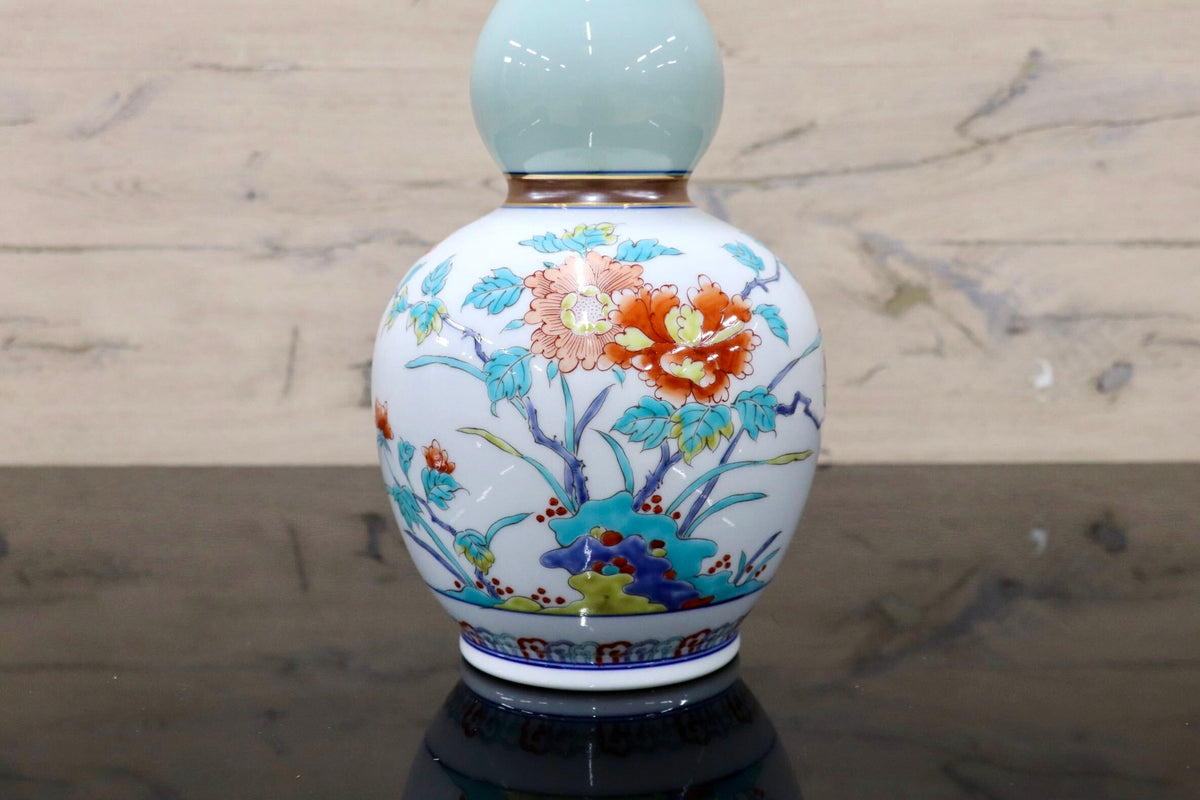 GMJK374W◯有田焼 弥左エ門作 瓢箪型花瓶 色絵花鳥文 花入 花器 一輪挿し 置物 インテリア 陶器 共箱 在銘 伝統工芸 和モダン